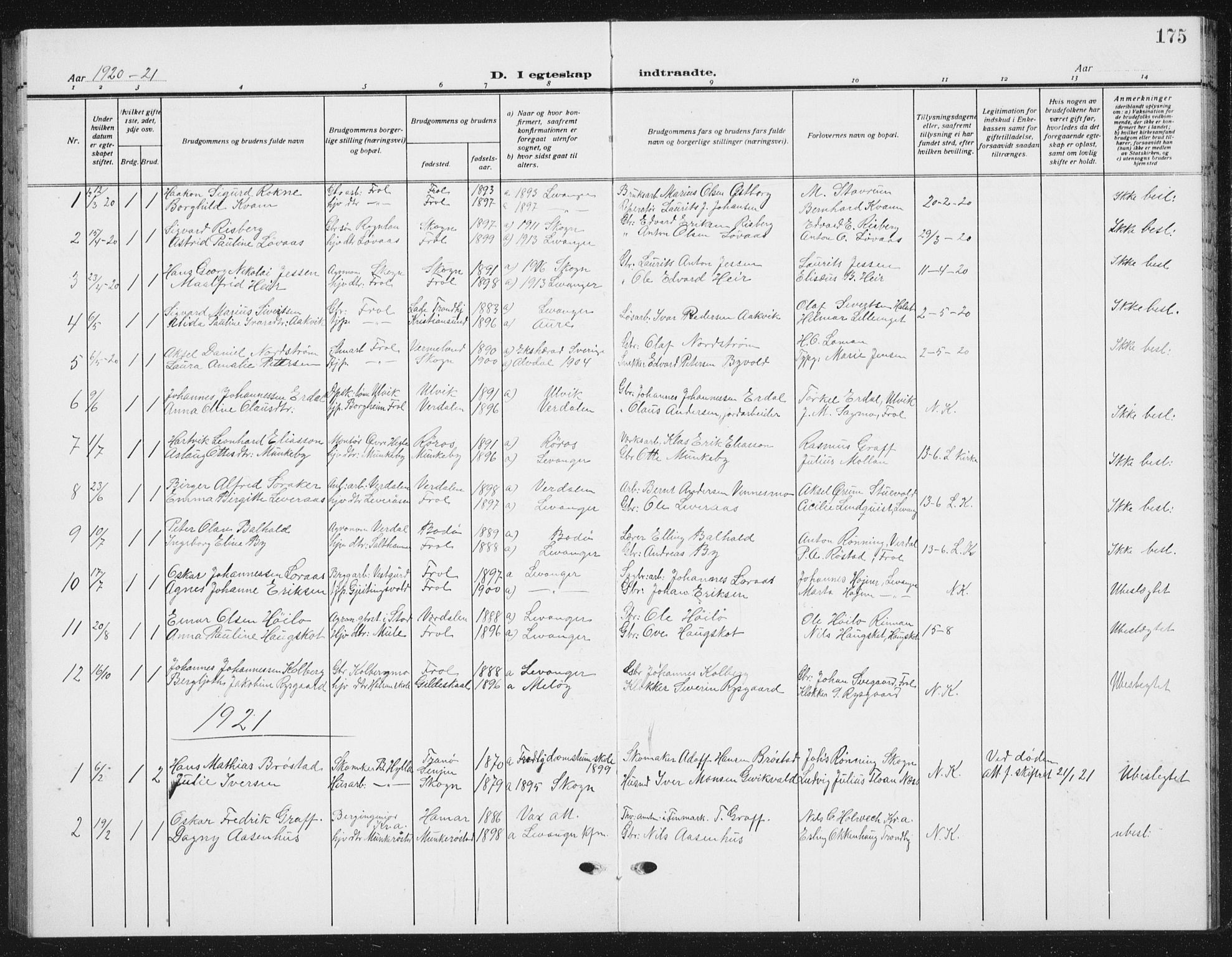 Ministerialprotokoller, klokkerbøker og fødselsregistre - Nord-Trøndelag, SAT/A-1458/721/L0209: Parish register (copy) no. 721C02, 1918-1940, p. 175