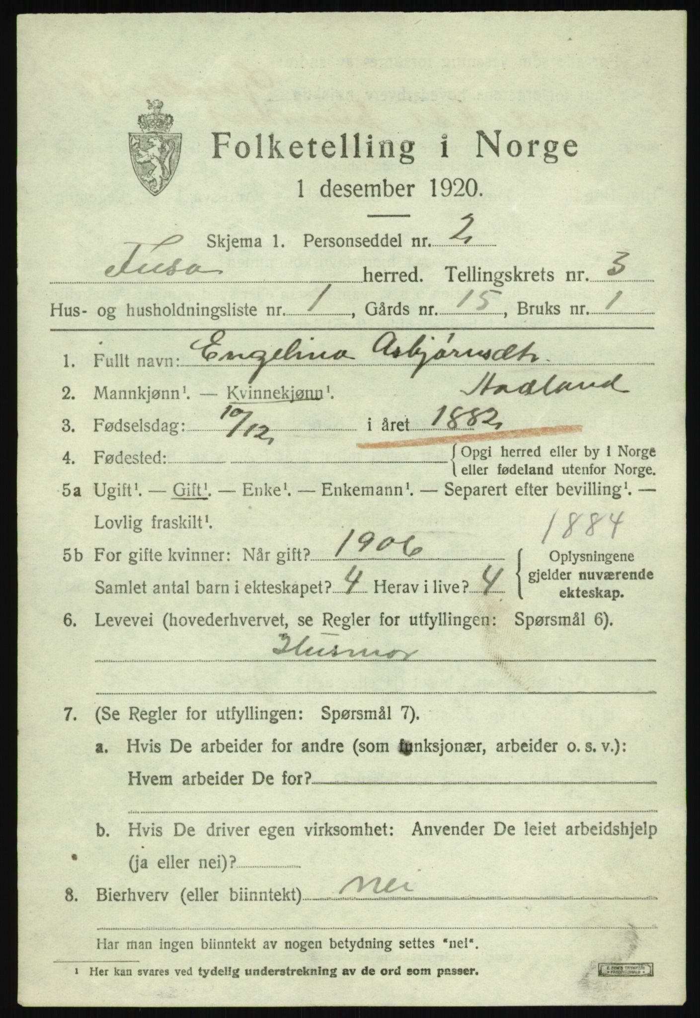 SAB, 1920 census for Fusa, 1920, p. 1303