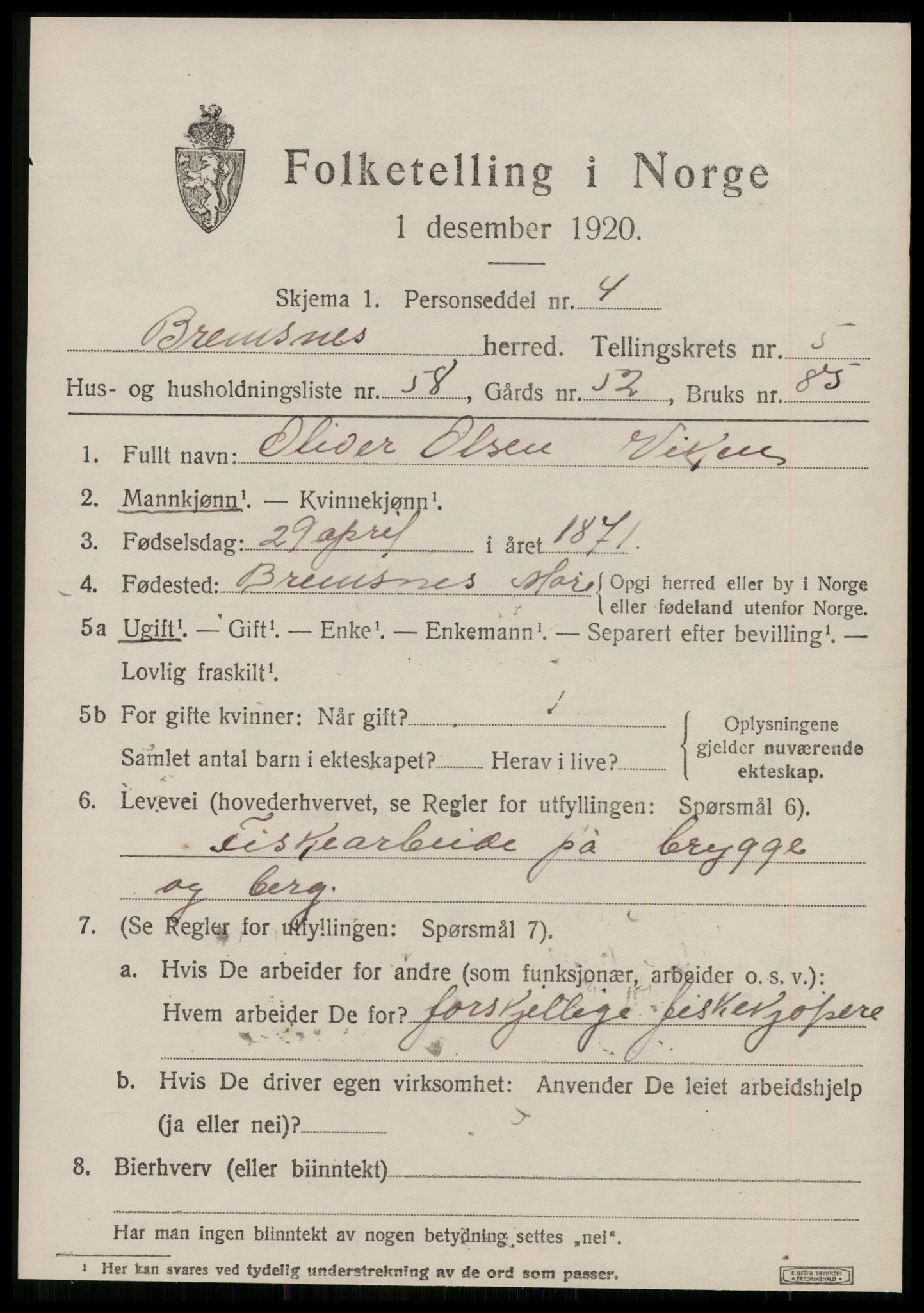 SAT, 1920 census for Bremsnes, 1920, p. 5143