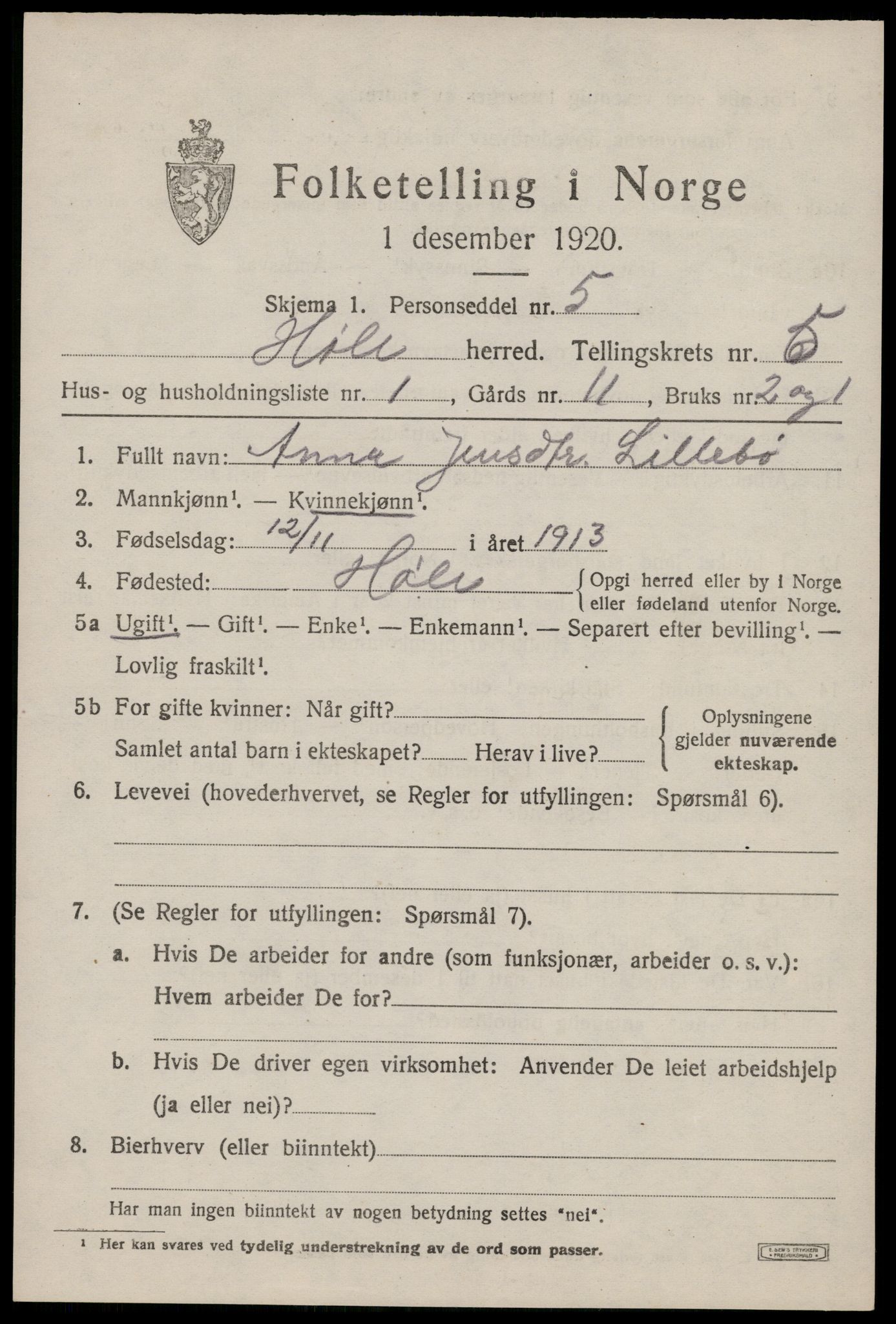 SAST, 1920 census for Høle, 1920, p. 1661