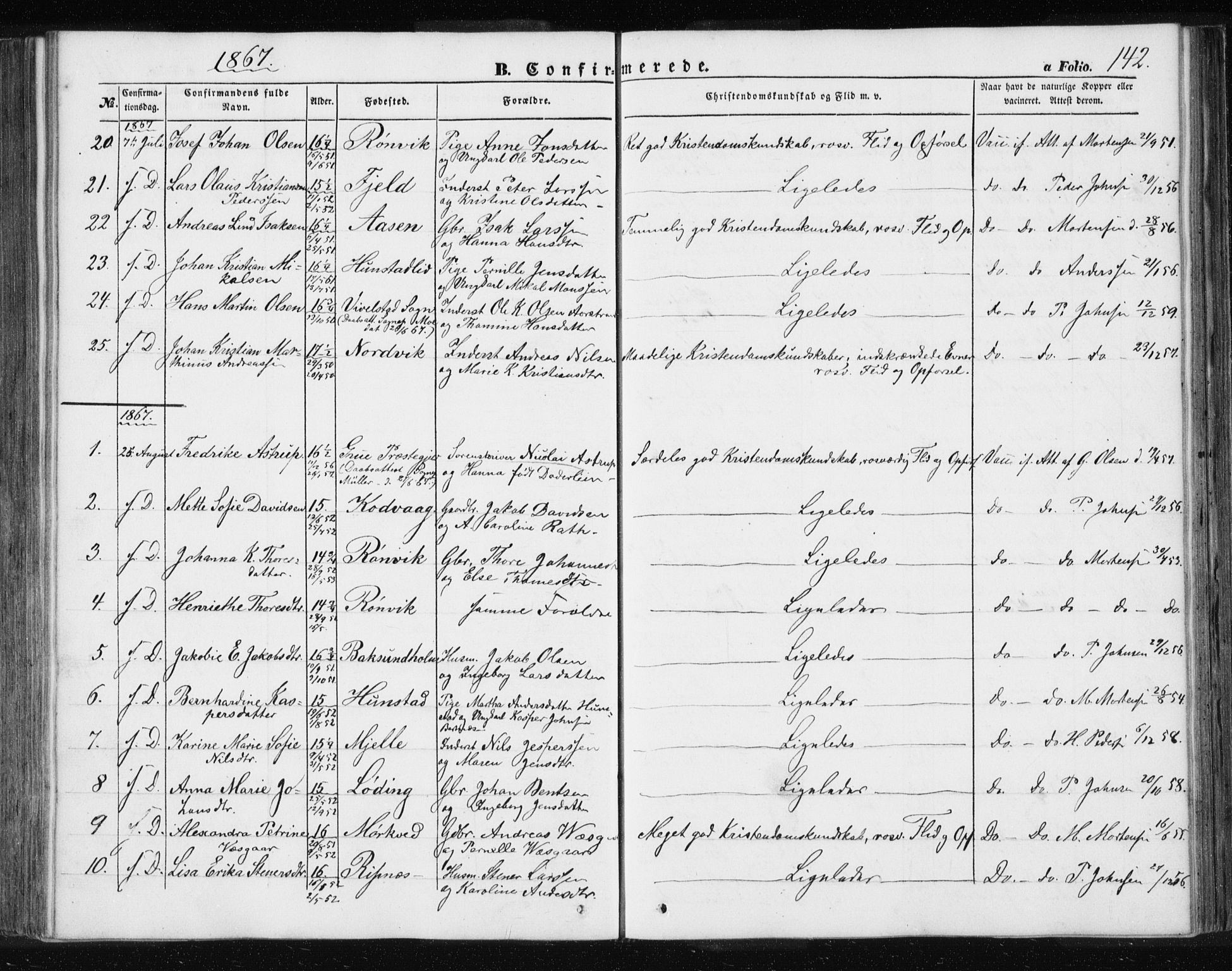 Ministerialprotokoller, klokkerbøker og fødselsregistre - Nordland, AV/SAT-A-1459/801/L0028: Parish register (copy) no. 801C03, 1855-1867, p. 142