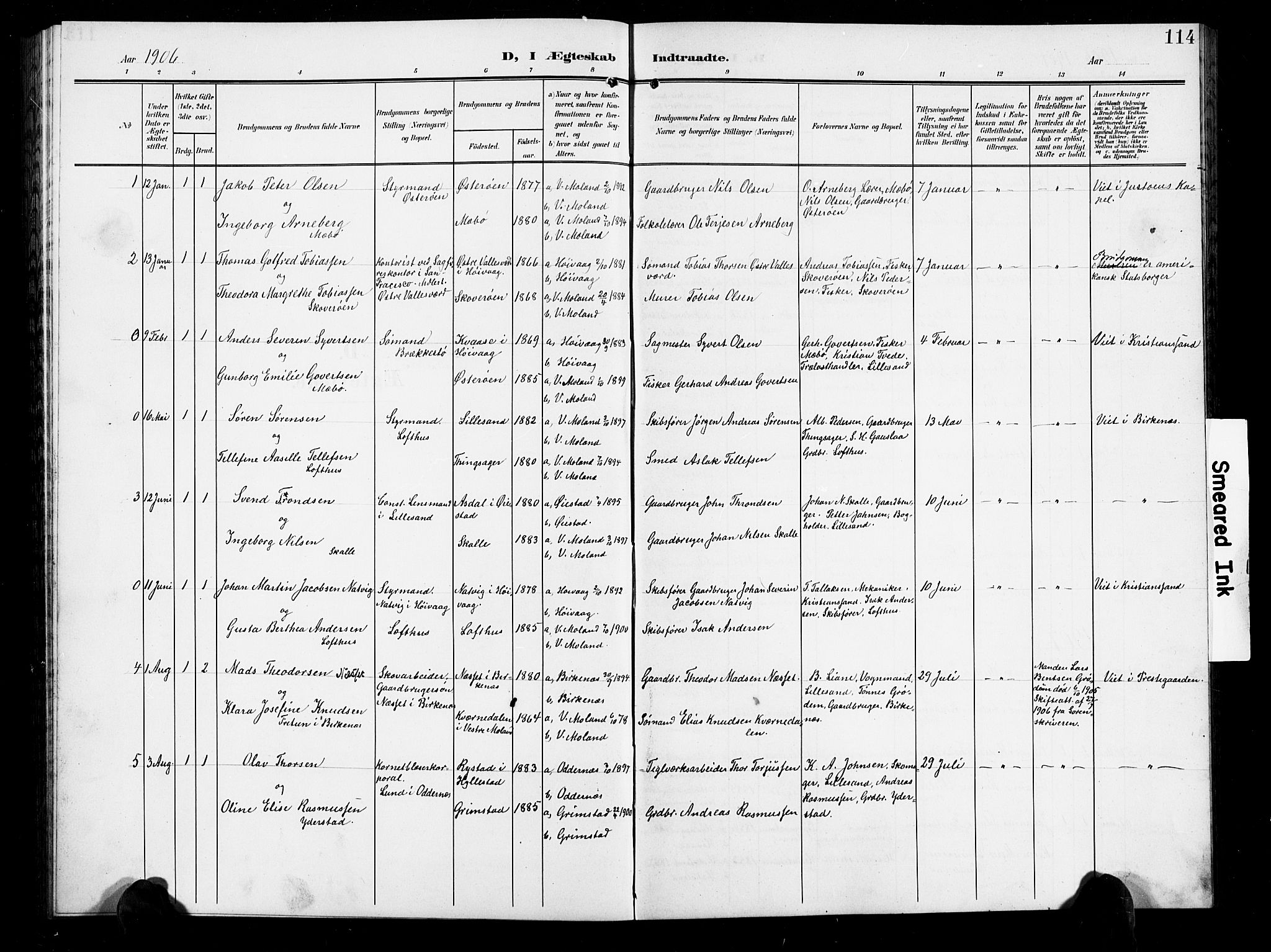 Vestre Moland sokneprestkontor, SAK/1111-0046/F/Fb/Fbb/L0007: Parish register (copy) no. B 7, 1906-1929, p. 114