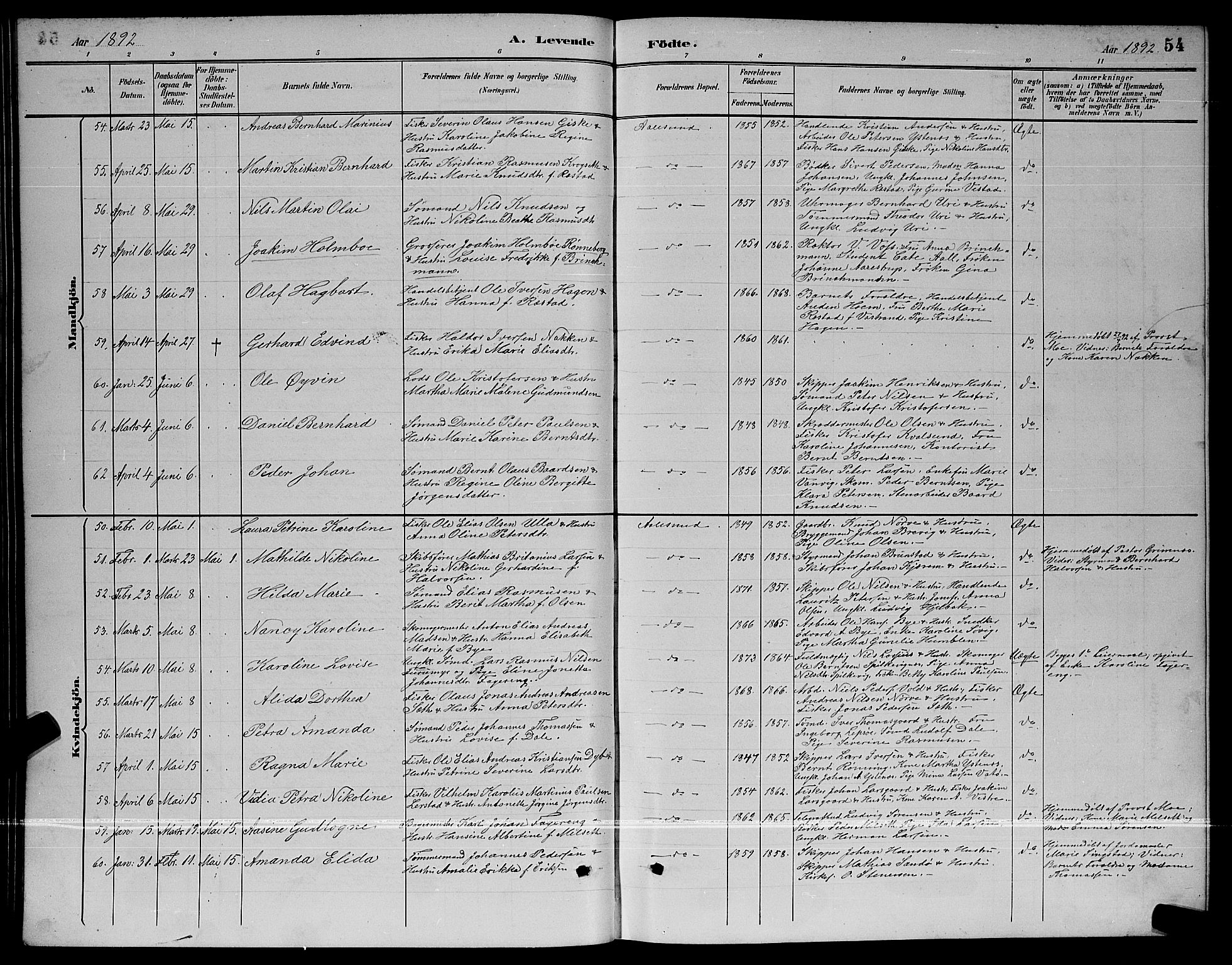 Ministerialprotokoller, klokkerbøker og fødselsregistre - Møre og Romsdal, AV/SAT-A-1454/529/L0467: Parish register (copy) no. 529C04, 1889-1897, p. 54