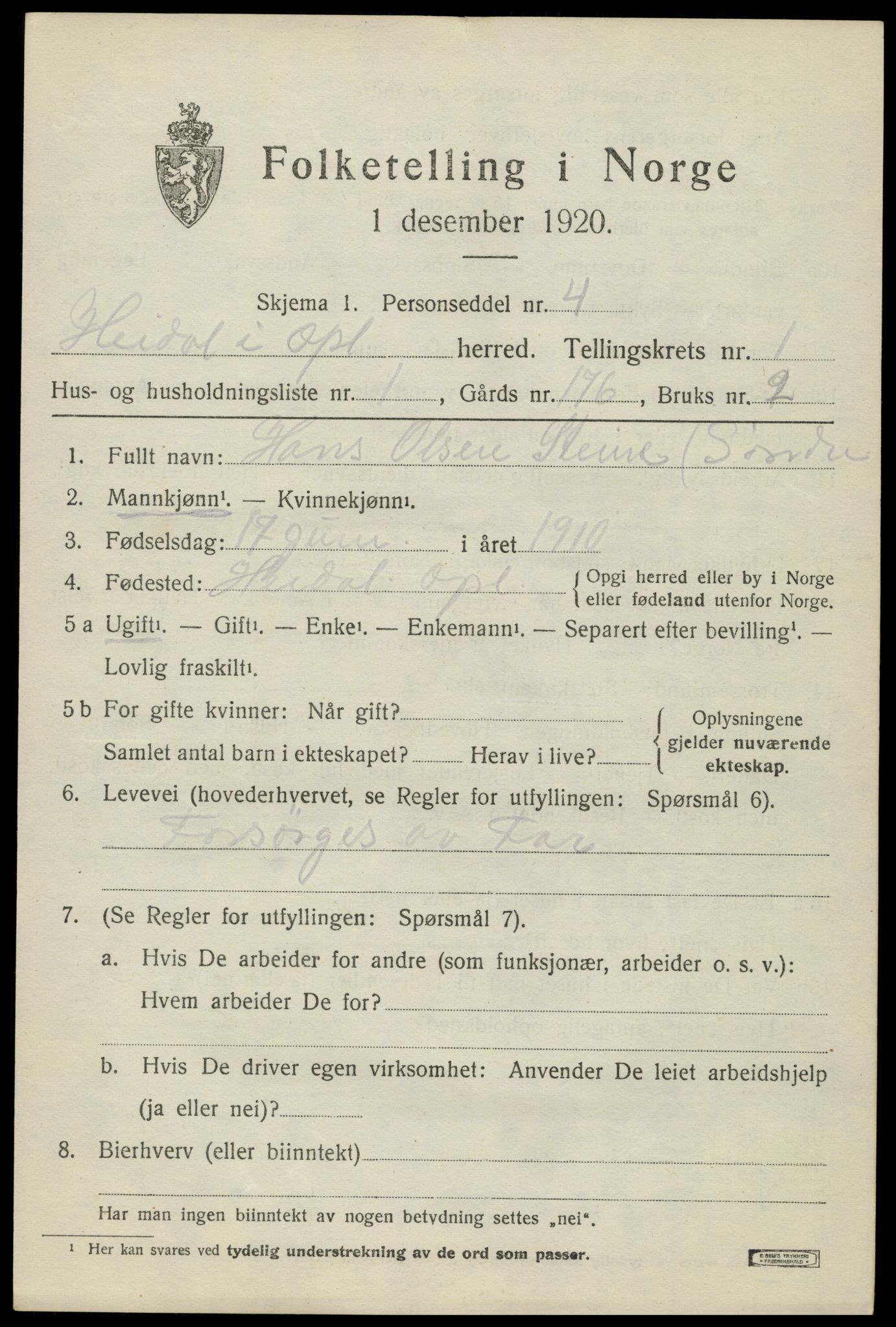 SAH, 1920 census for Heidal, 1920, p. 502