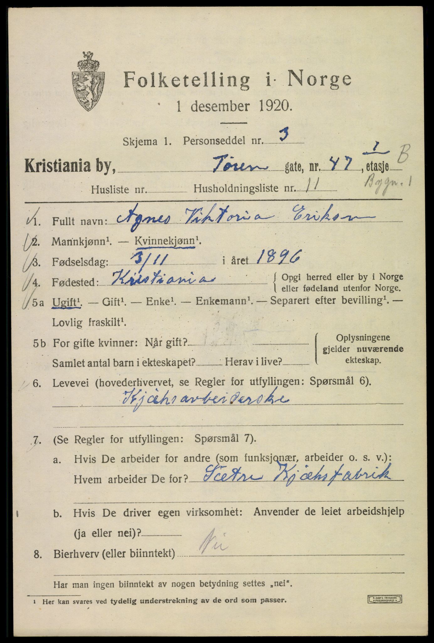 SAO, 1920 census for Kristiania, 1920, p. 609505