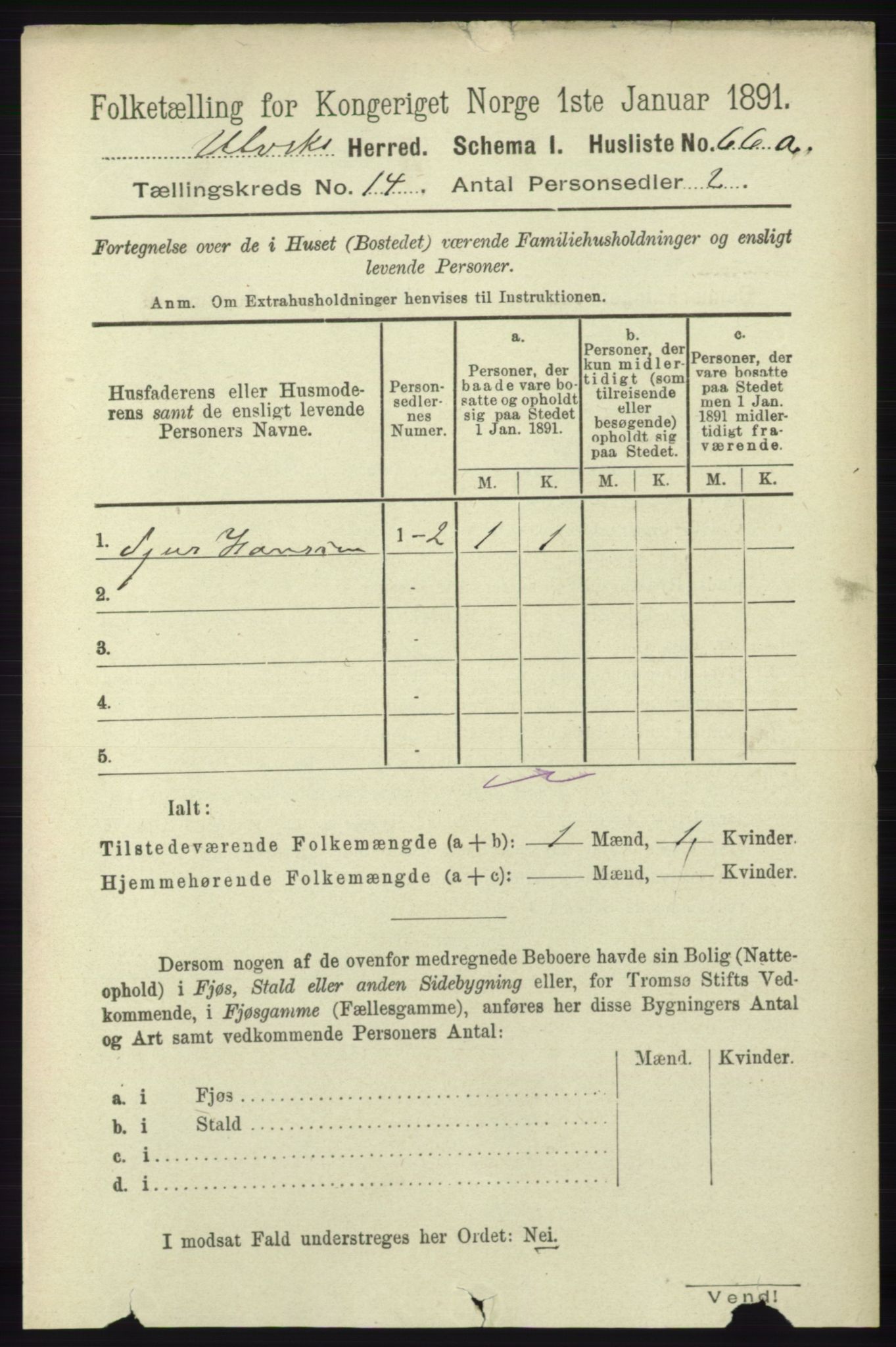 RA, 1891 census for 1233 Ulvik, 1891, p. 4272