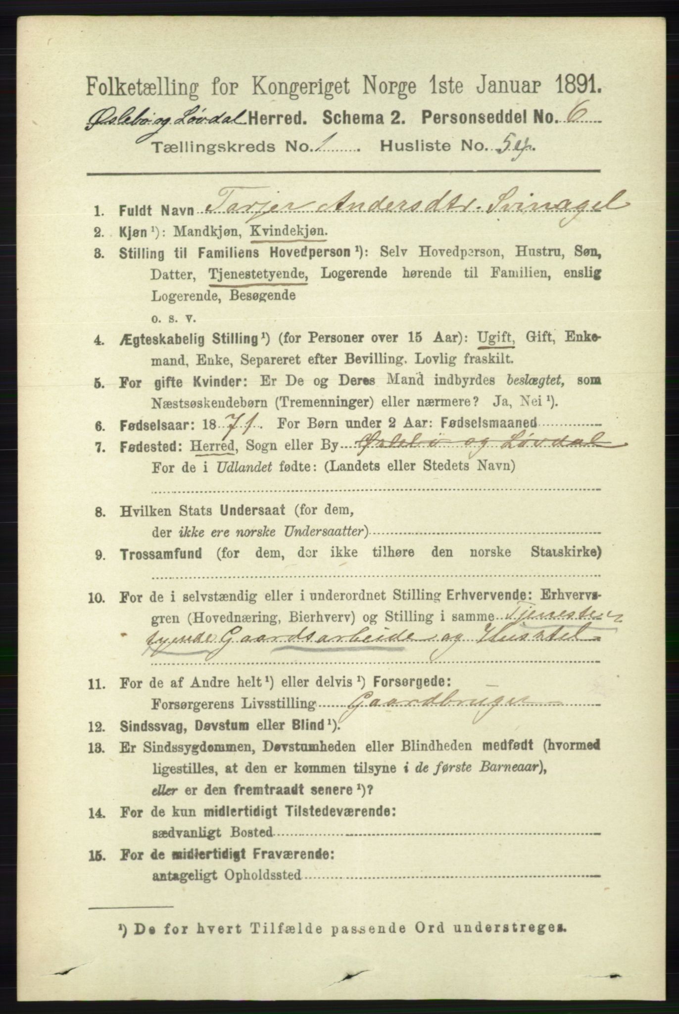 RA, 1891 census for 1021 Øyslebø og Laudal, 1891, p. 423