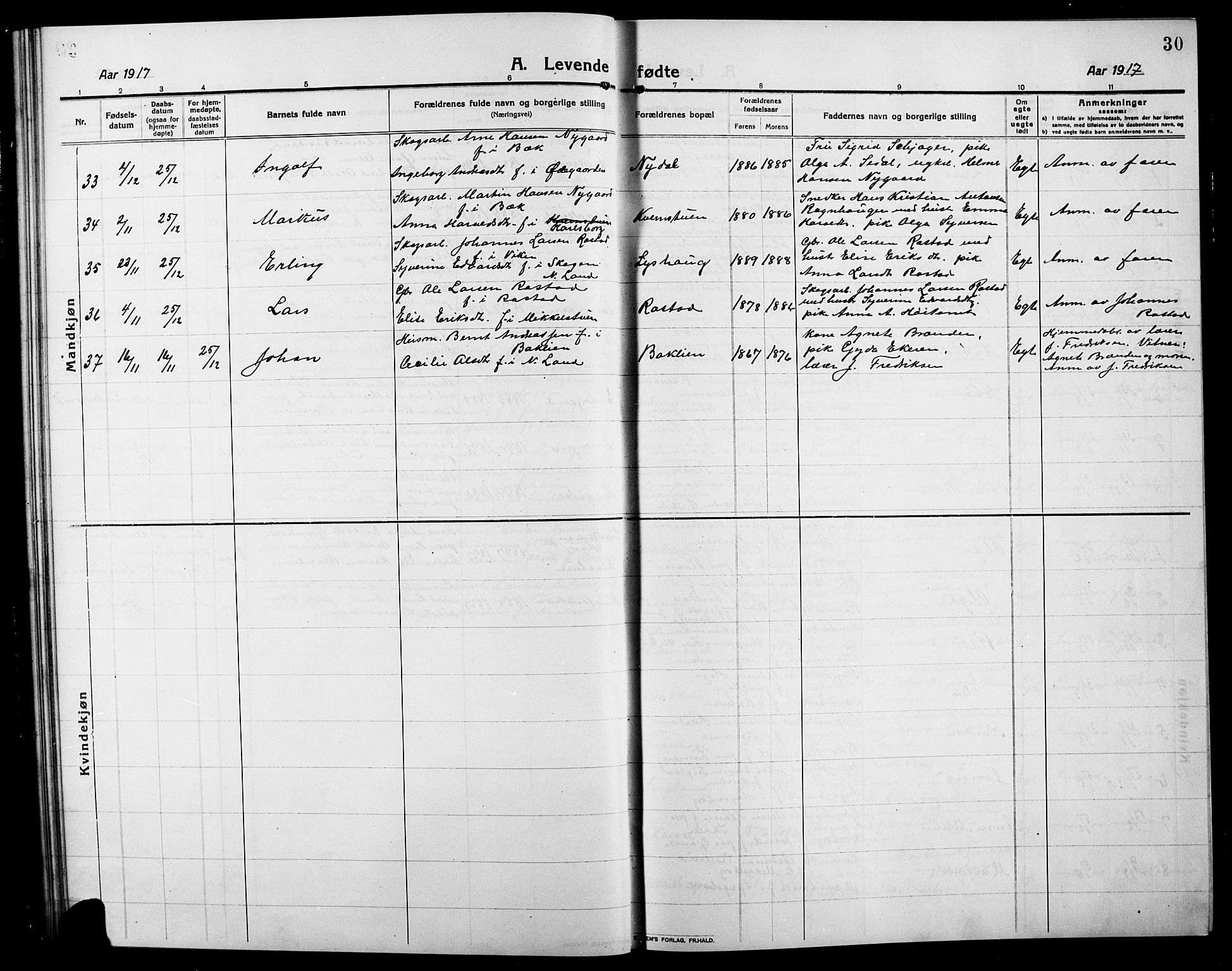 Søndre Land prestekontor, AV/SAH-PREST-122/L/L0006: Parish register (copy) no. 6, 1912-1925, p. 30