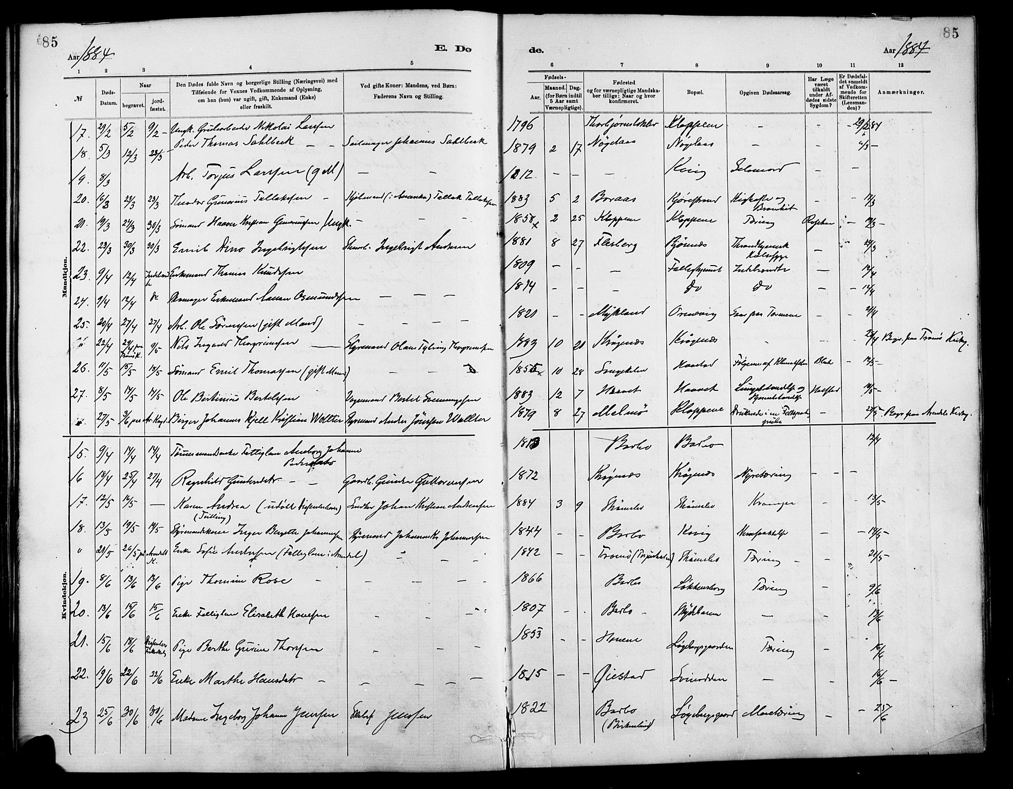 Barbu sokneprestkontor, AV/SAK-1111-0003/F/Fa/L0003: Parish register (official) no. A 3, 1883-1898, p. 85