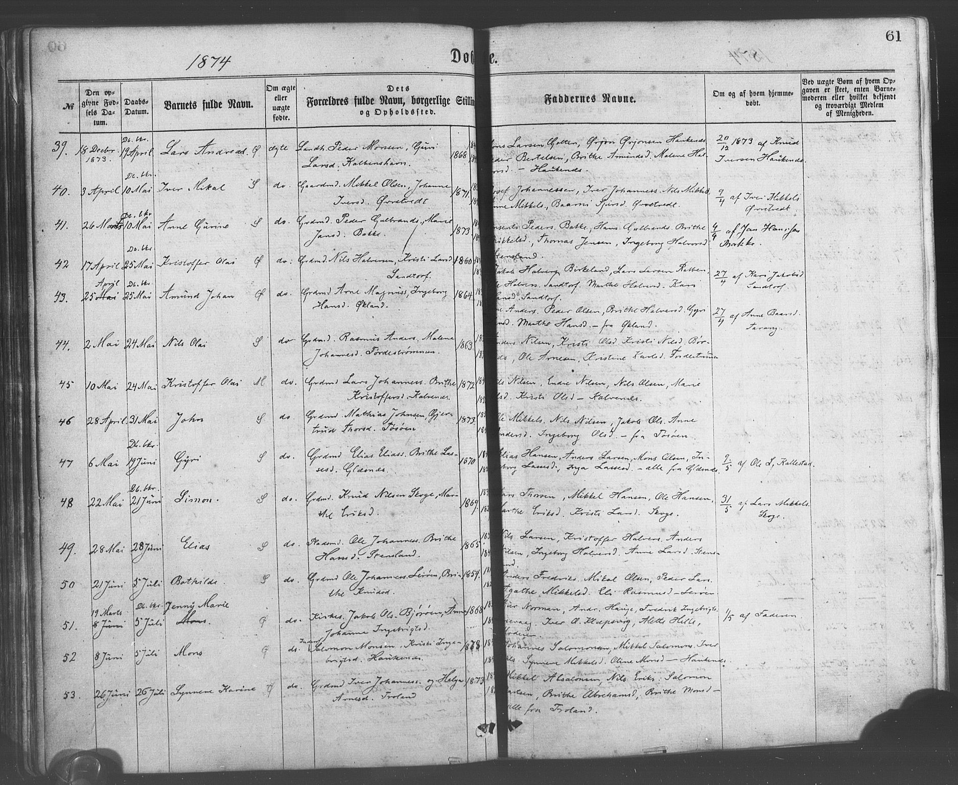 Sund sokneprestembete, SAB/A-99930: Parish register (official) no. A 15, 1867-1881, p. 61