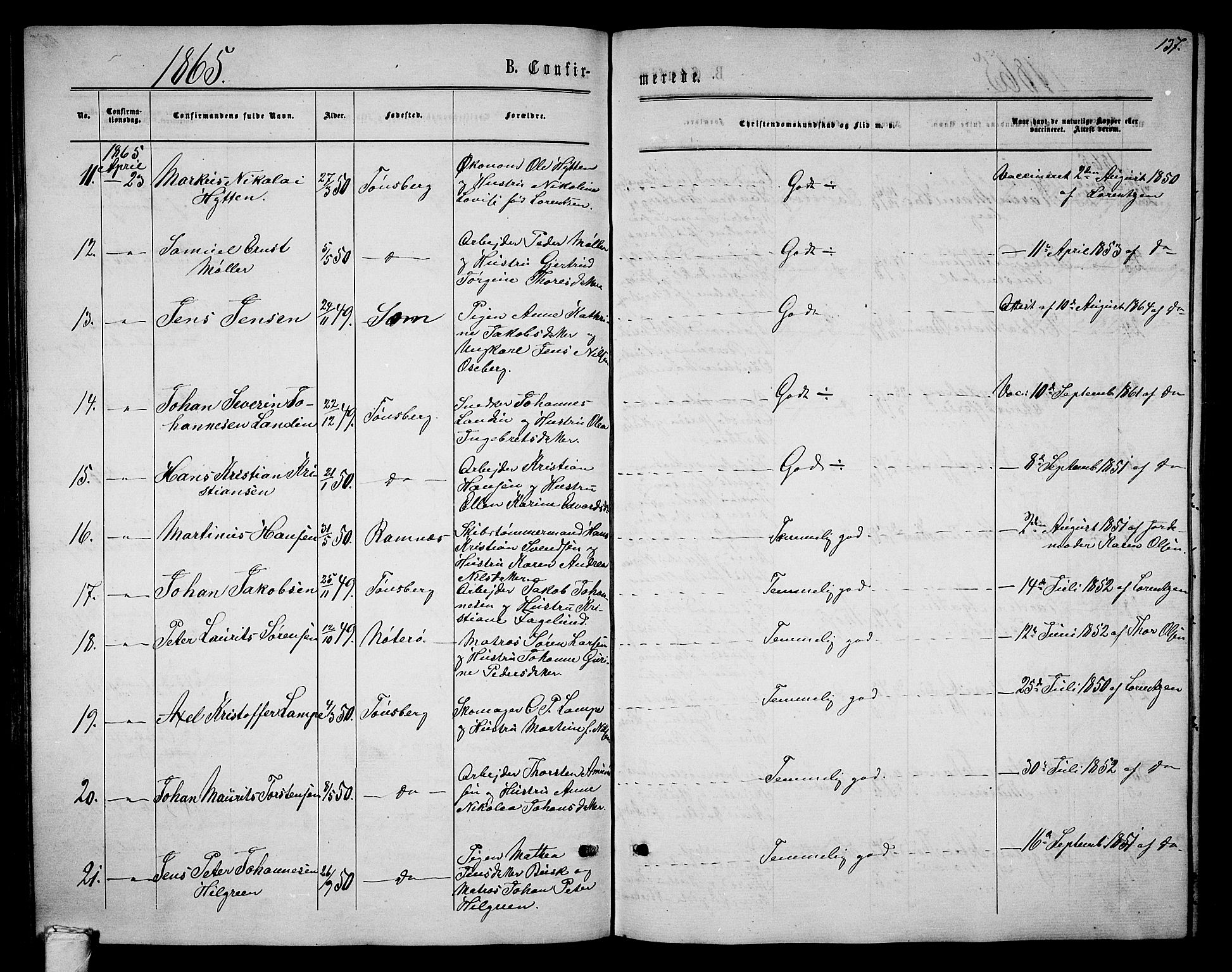 Tønsberg kirkebøker, SAKO/A-330/G/Ga/L0004: Parish register (copy) no. 4, 1865-1874, p. 137