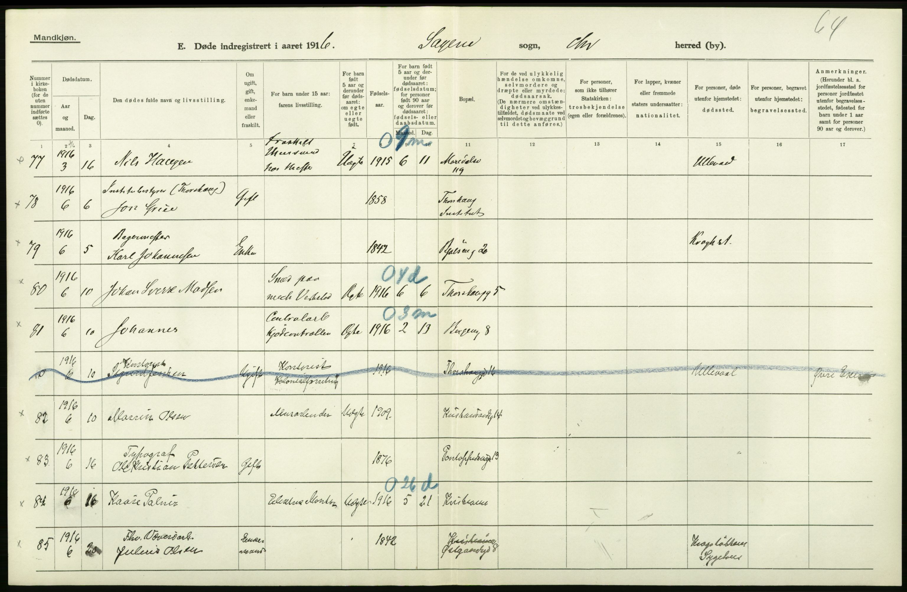 Statistisk sentralbyrå, Sosiodemografiske emner, Befolkning, AV/RA-S-2228/D/Df/Dfb/Dfbf/L0010: Kristiania: Døde, dødfødte., 1916, p. 242