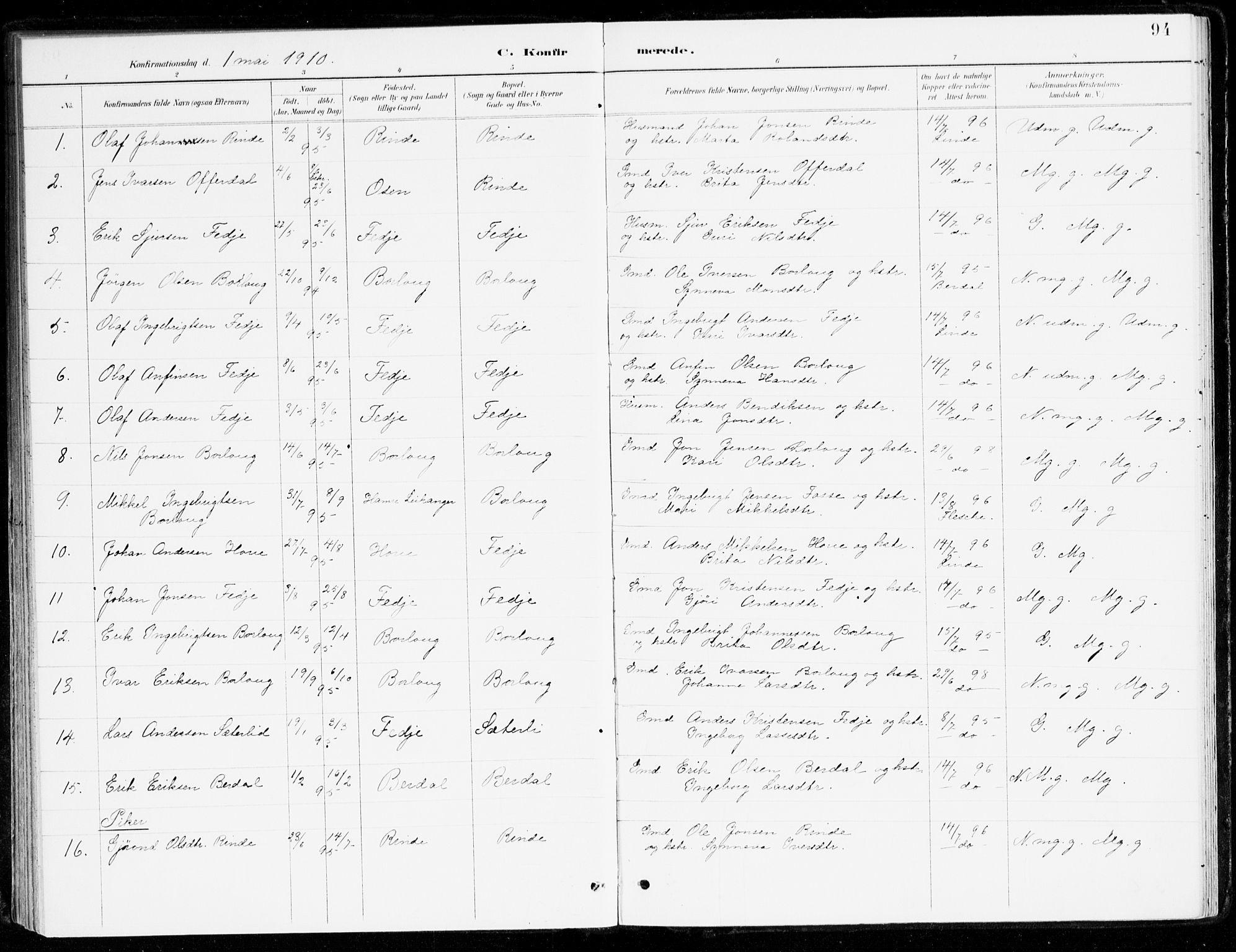 Leikanger sokneprestembete, AV/SAB-A-81001/H/Haa/Haad/L0001: Parish register (official) no. D 1, 1887-1922, p. 94