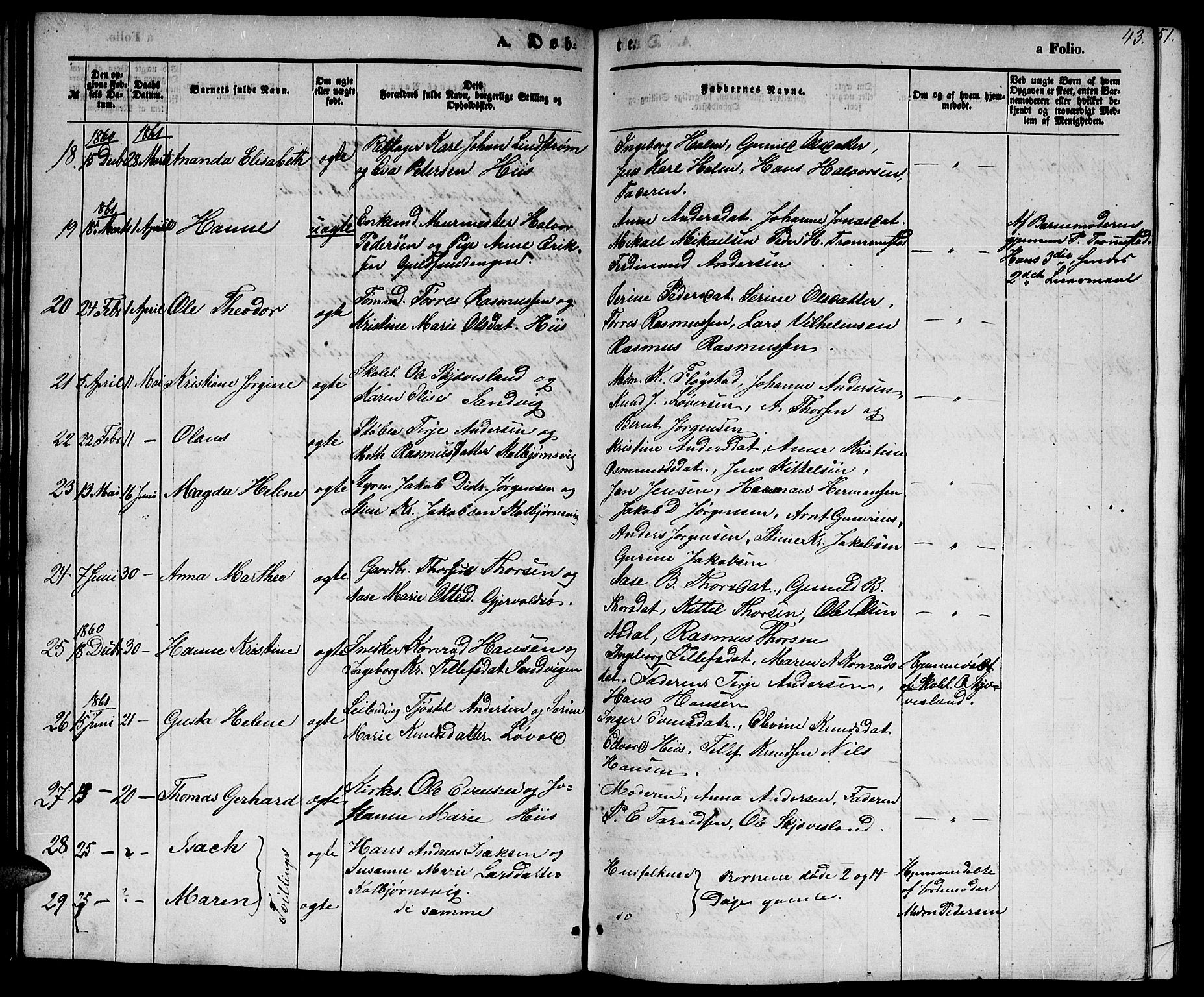 Hisøy sokneprestkontor, AV/SAK-1111-0020/F/Fb/L0001: Parish register (copy) no. B 1, 1849-1872, p. 43