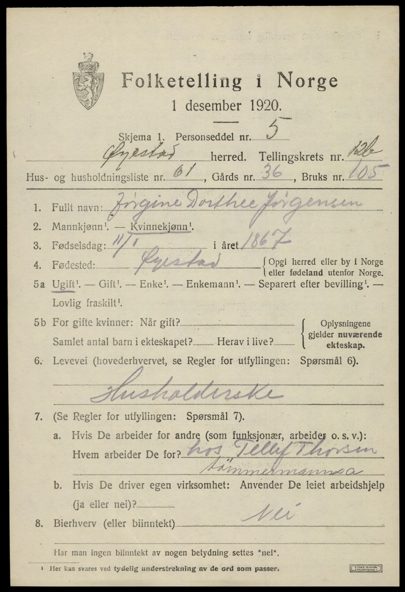 SAK, 1920 census for Øyestad, 1920, p. 8104