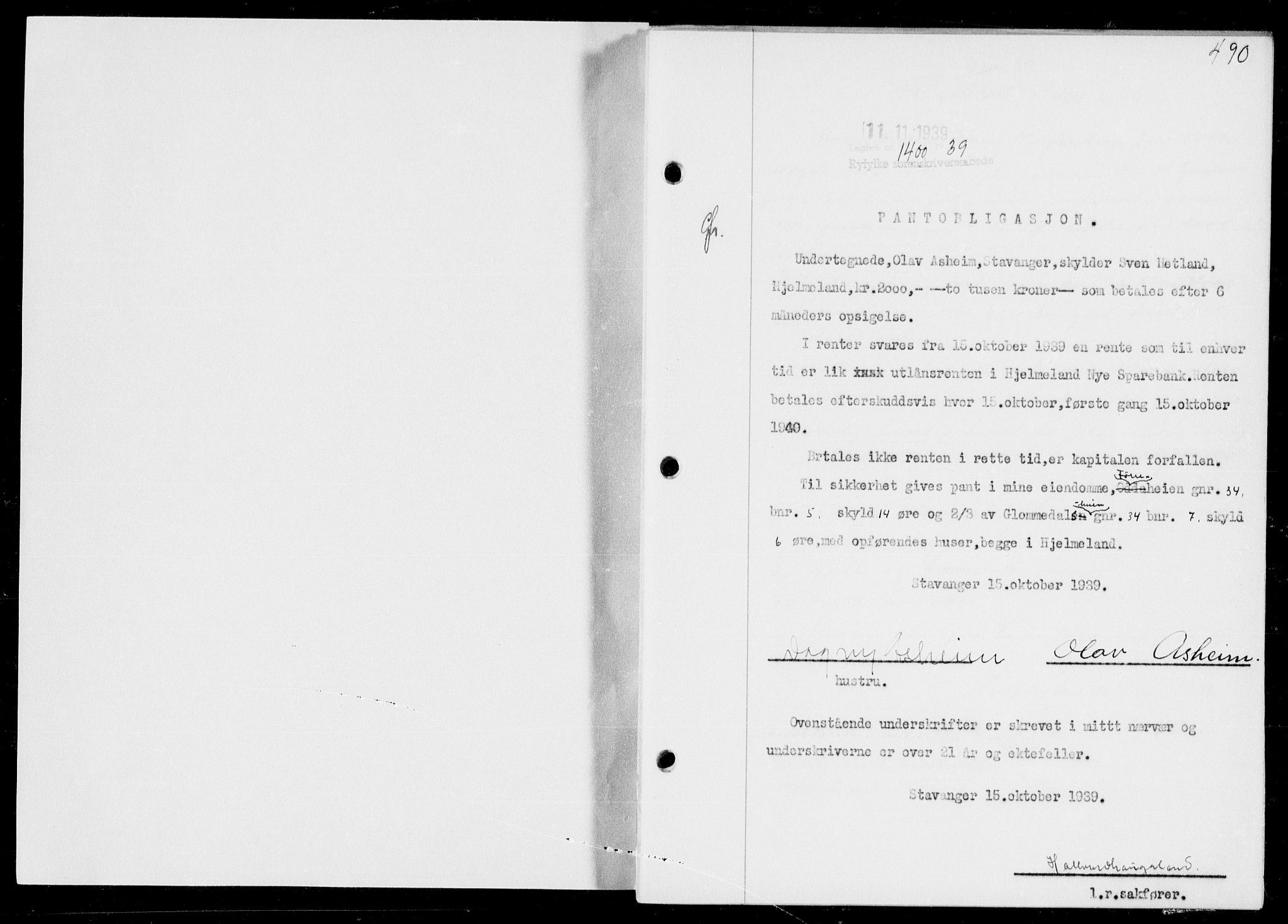 Ryfylke tingrett, AV/SAST-A-100055/001/II/IIB/L0080: Mortgage book no. 59, 1939-1939, Diary no: : 1400/1939