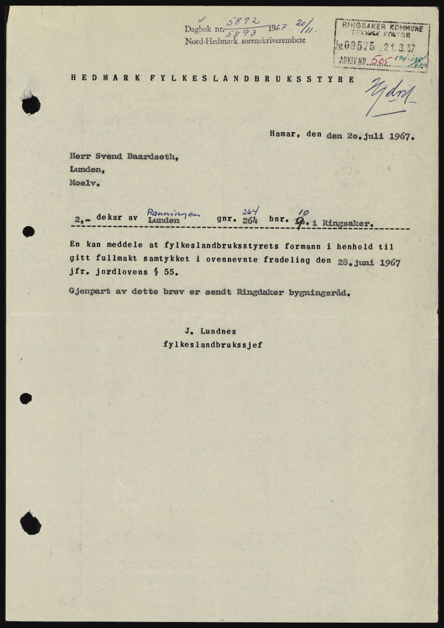 Nord-Hedmark sorenskriveri, SAH/TING-012/H/Hc/L0027: Mortgage book no. 27, 1967-1968, Diary no: : 5892/1967