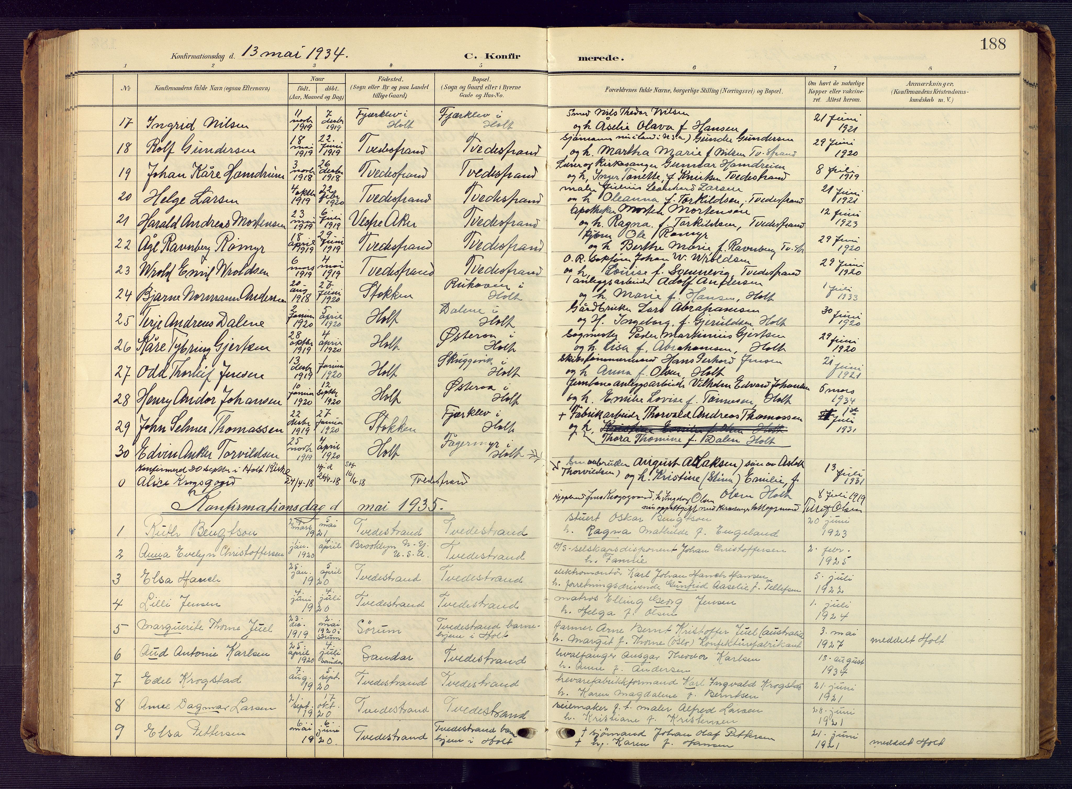 Tvedestrand sokneprestkontor, AV/SAK-1111-0042/F/Fb/L0001: Parish register (copy) no. B 1, 1902-1956, p. 188