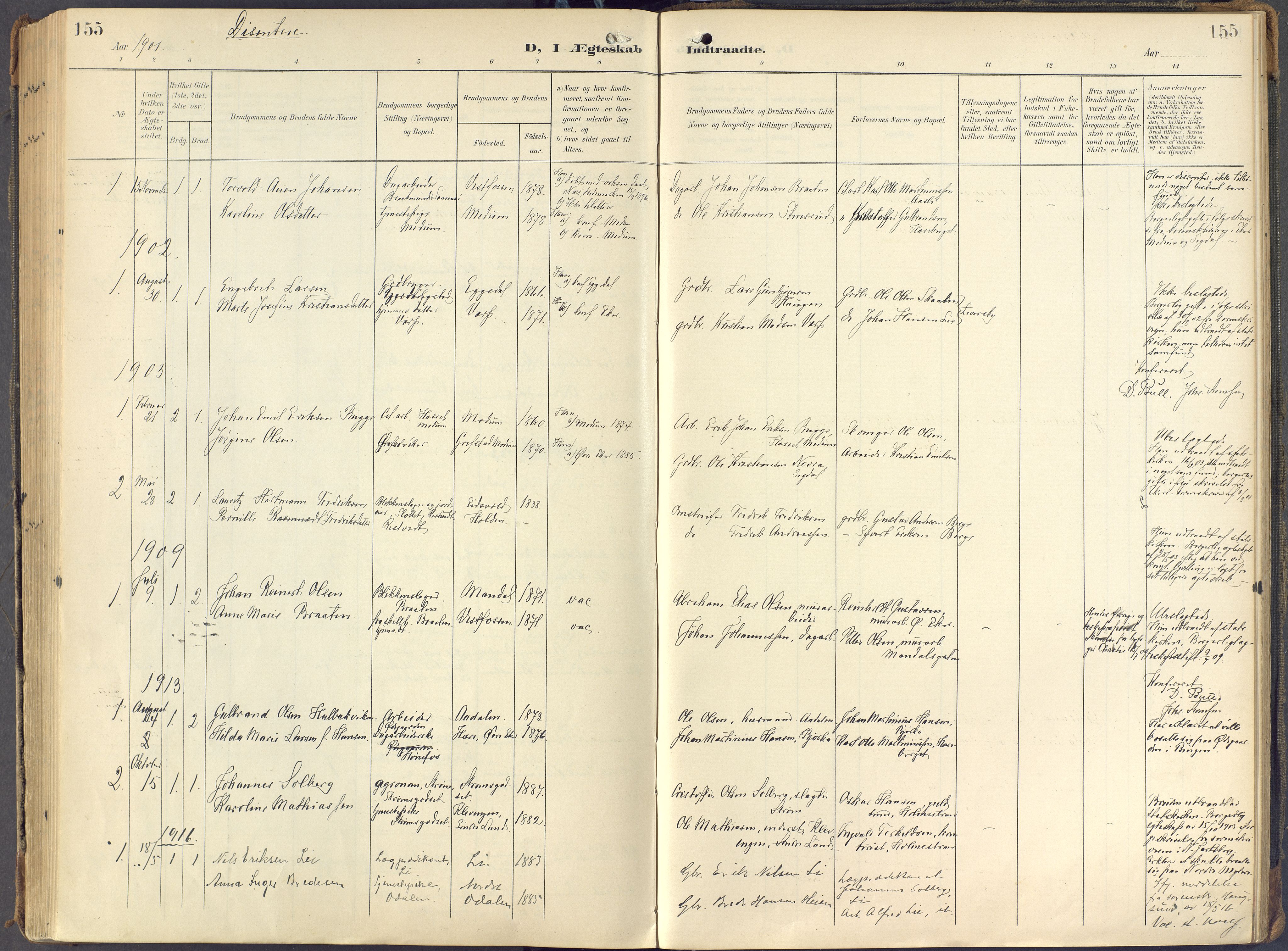 Eiker kirkebøker, SAKO/A-4/F/Fc/L0004: Parish register (official) no. III 4, 1900-1919, p. 155