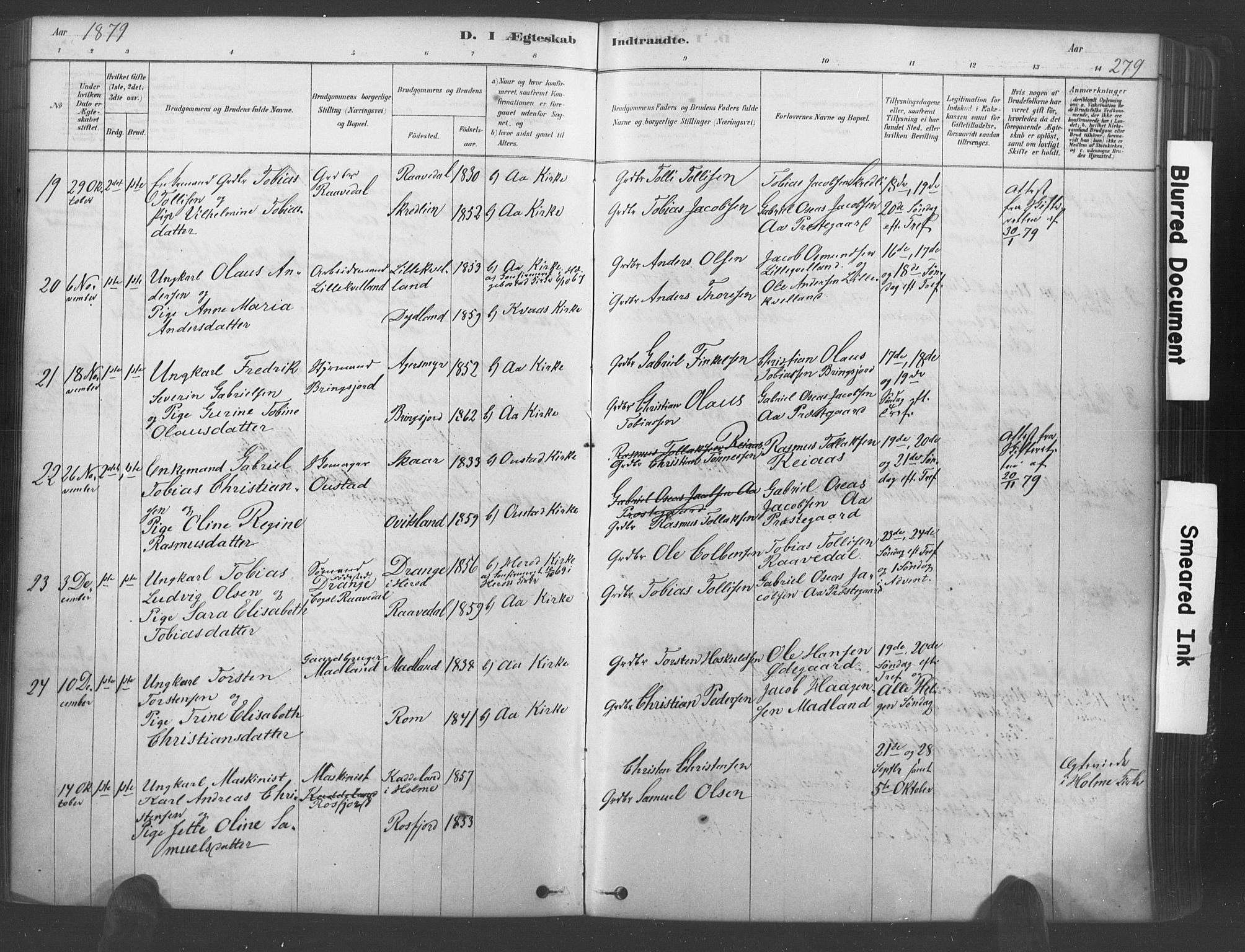 Lyngdal sokneprestkontor, AV/SAK-1111-0029/F/Fa/Fac/L0011: Parish register (official) no. A 11, 1878-1893, p. 279