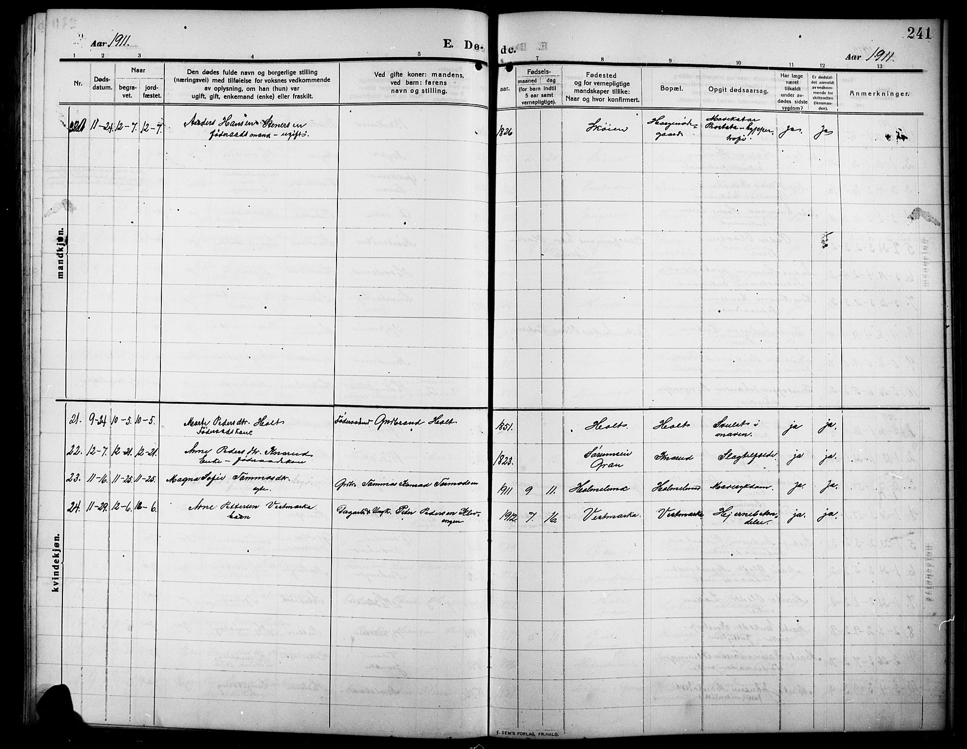 Lunner prestekontor, SAH/PREST-118/H/Ha/Hab/L0001: Parish register (copy) no. 1, 1909-1922, p. 241