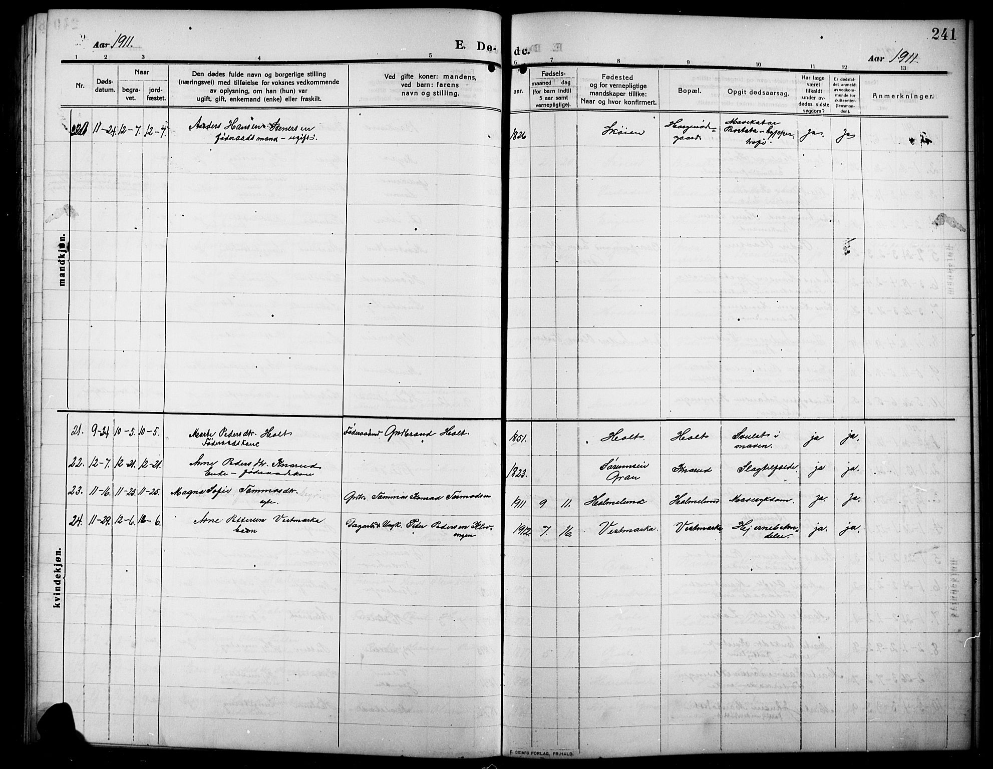 Lunner prestekontor, AV/SAH-PREST-118/H/Ha/Hab/L0001: Parish register (copy) no. 1, 1909-1922, p. 241