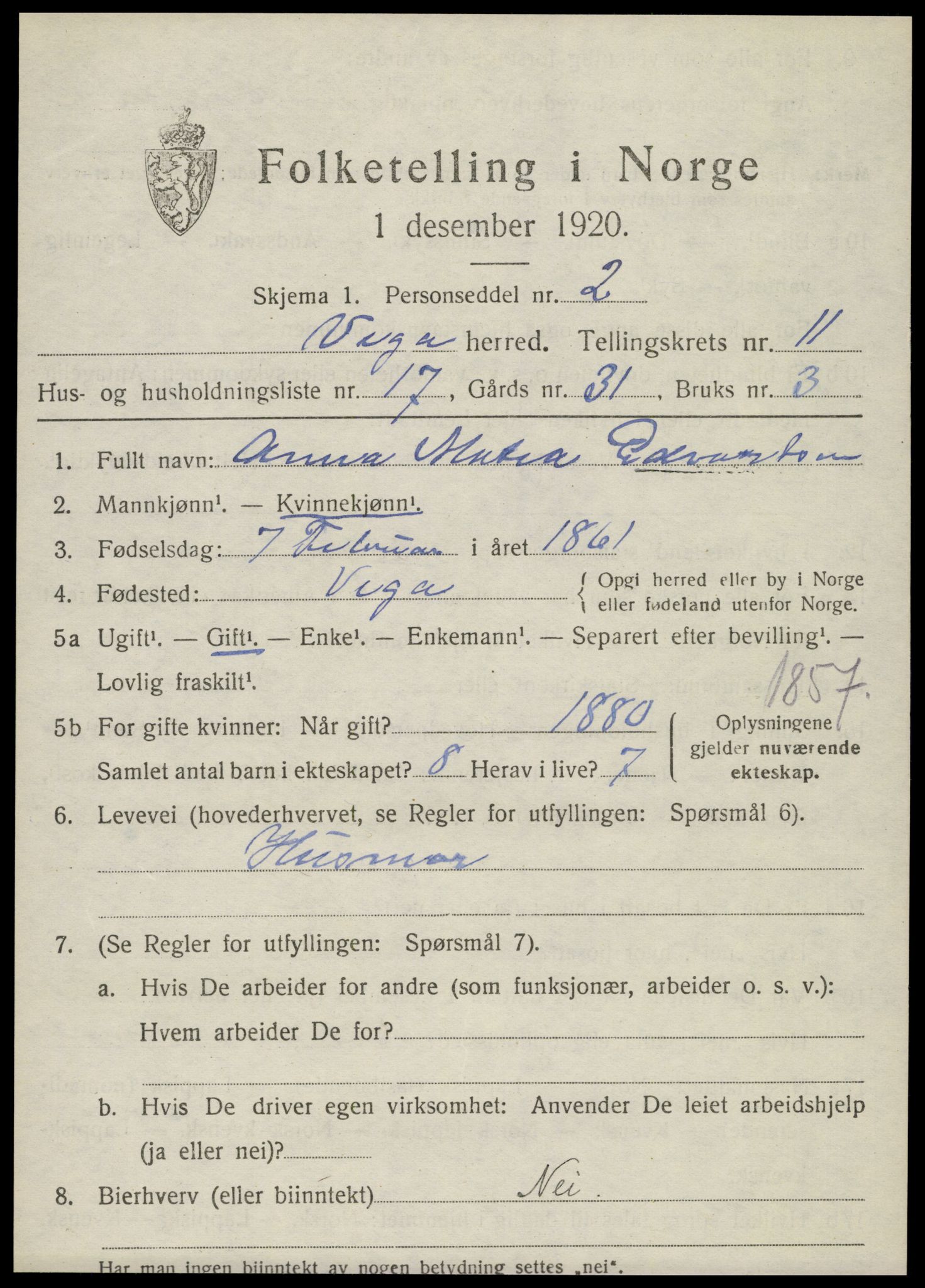 SAT, 1920 census for Vega, 1920, p. 5727