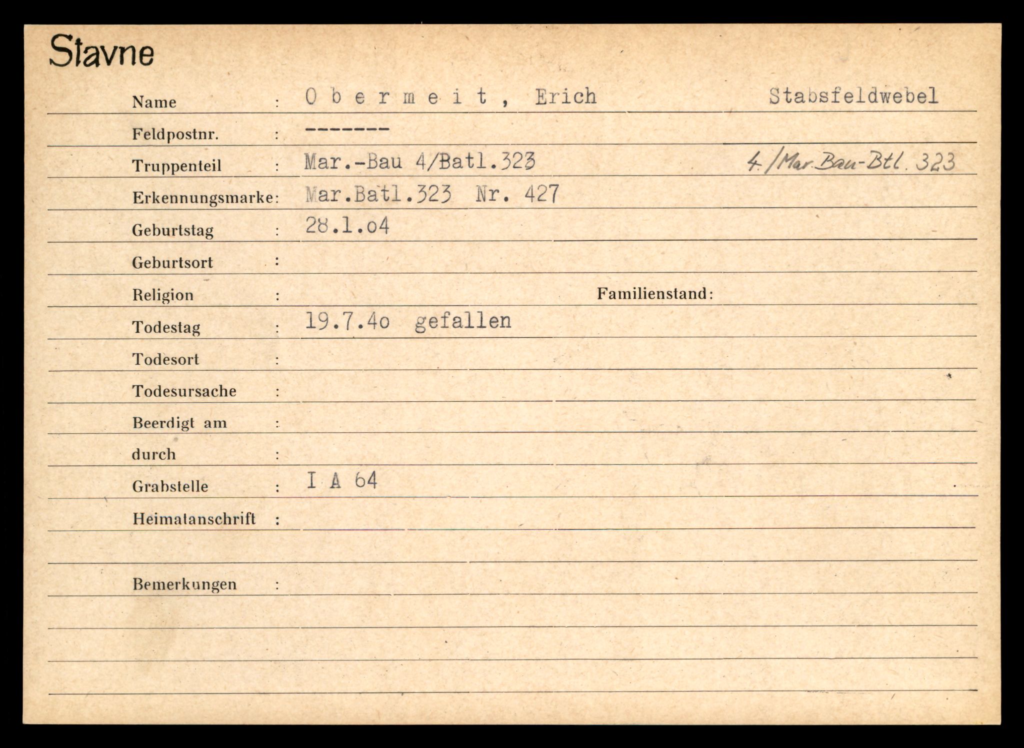 Distriktskontoret for krigsgraver, AV/SAT-A-5030/E/L0003: Kasett/kartotek over tysk Krigskirkegård Stavne, 1945, p. 1009