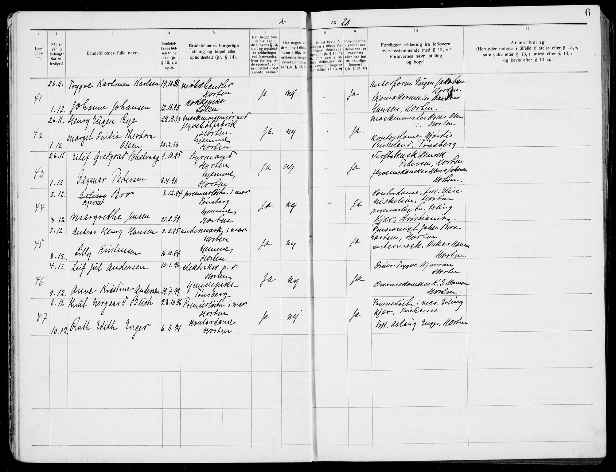 Horten kirkebøker, AV/SAKO-A-348/H/Ha/L0006: Banns register no. 6, 1920-1934, p. 6