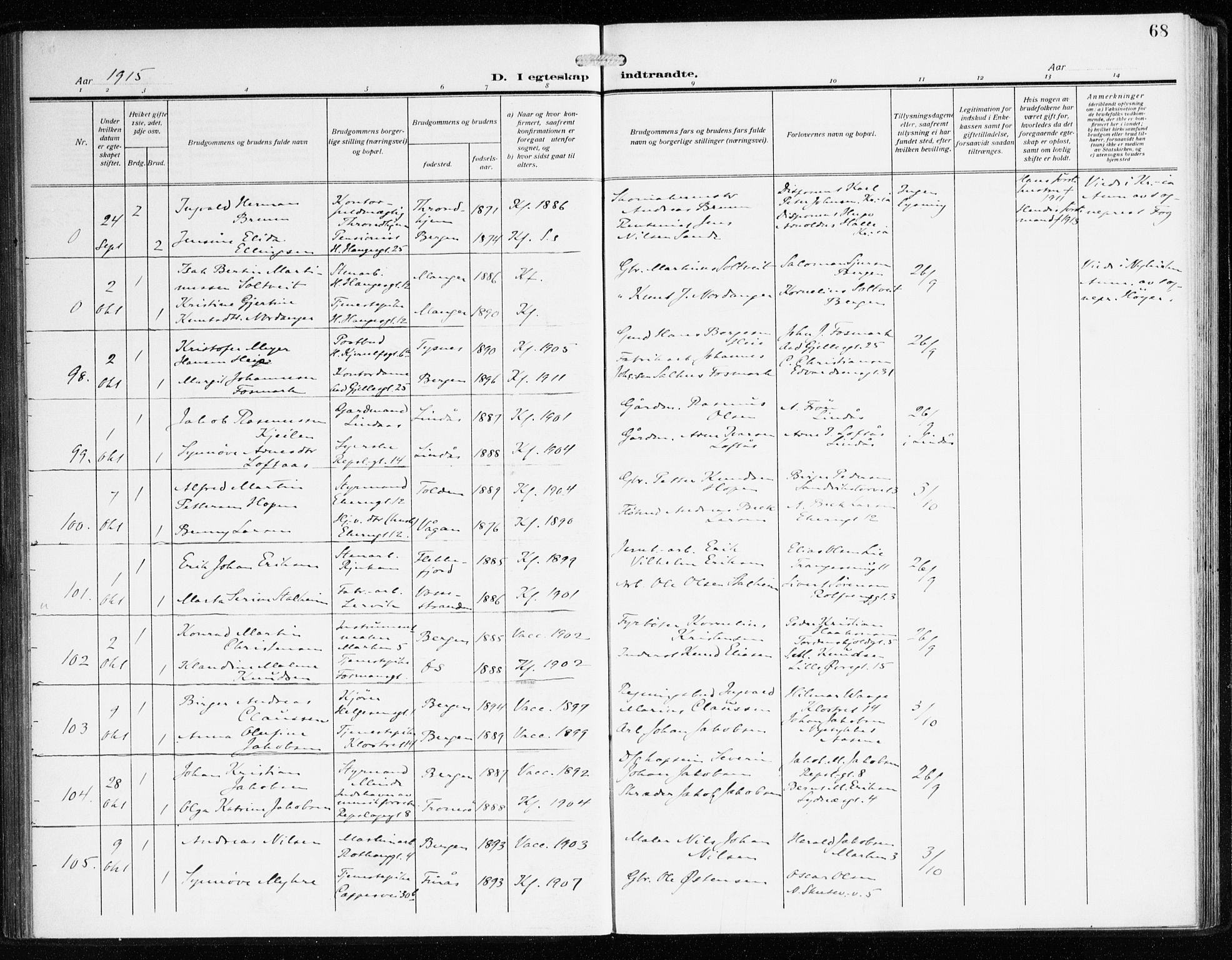 Sandviken Sokneprestembete, AV/SAB-A-77601/H/Ha/L0015: Parish register (official) no. D 2, 1911-1923, p. 68