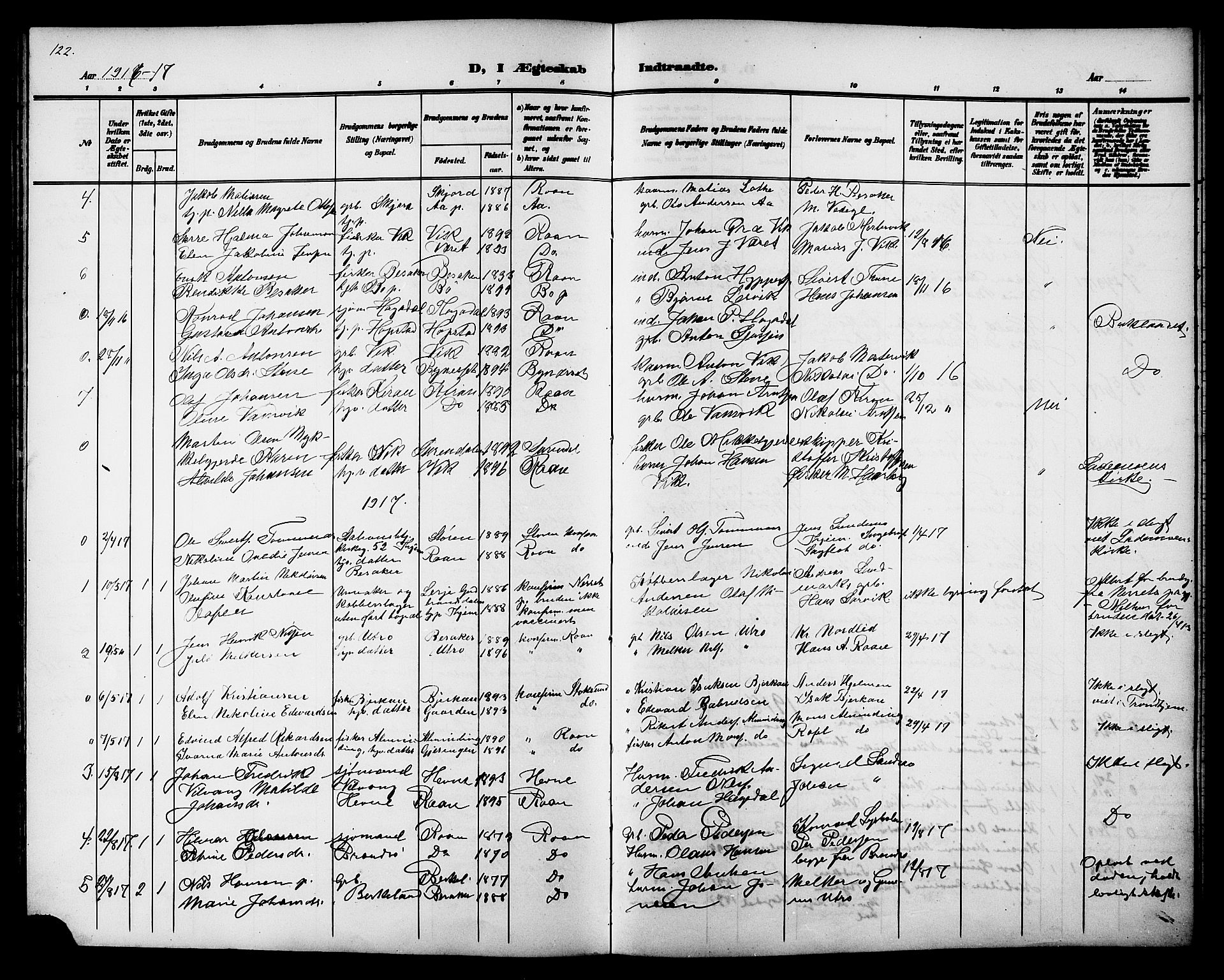 Ministerialprotokoller, klokkerbøker og fødselsregistre - Sør-Trøndelag, SAT/A-1456/657/L0717: Parish register (copy) no. 657C04, 1904-1923, p. 122