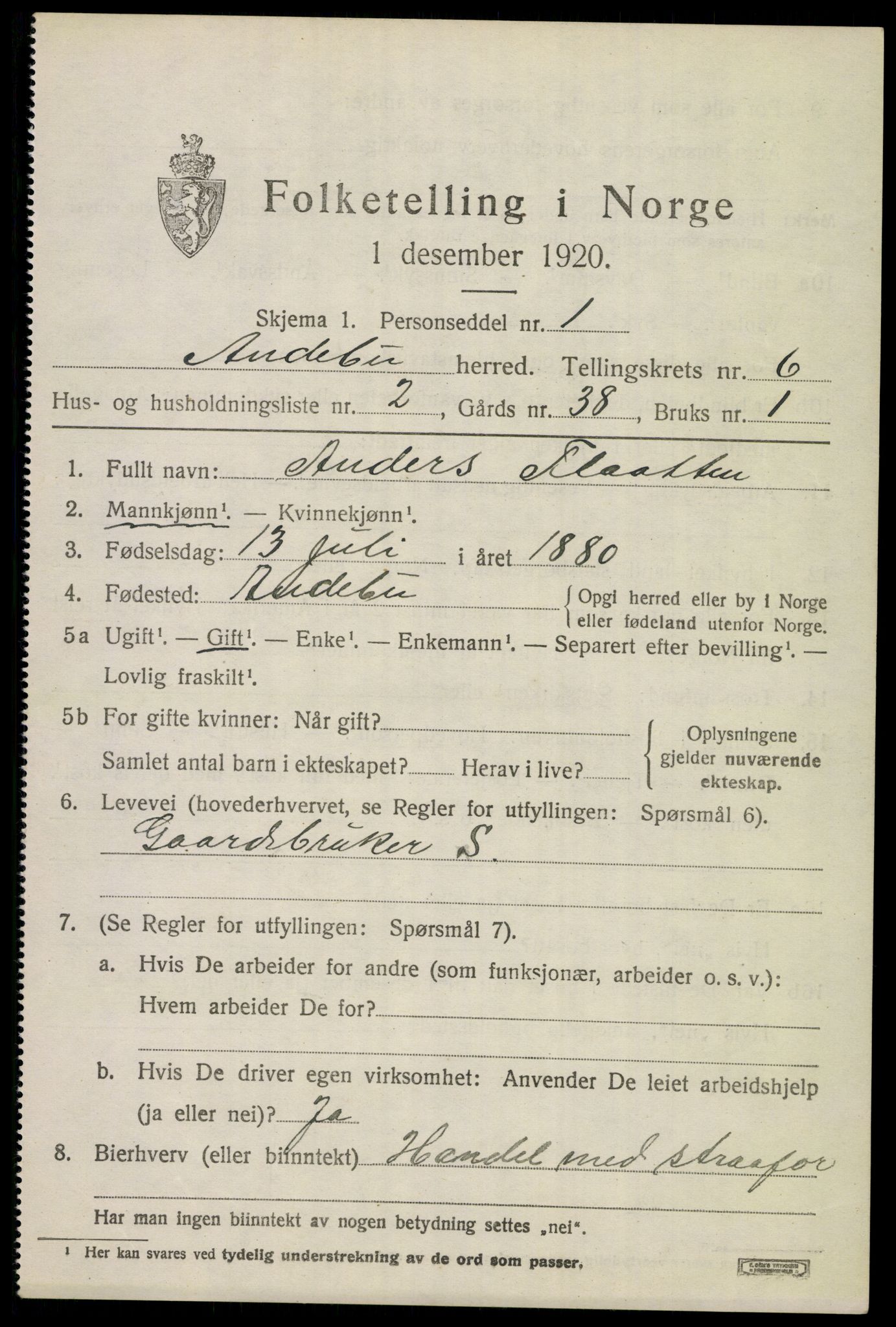 SAKO, 1920 census for Andebu, 1920, p. 2860