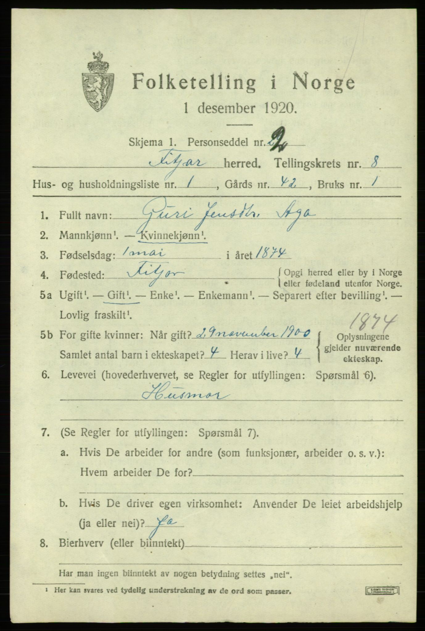 SAB, 1920 census for Fitjar, 1920, p. 3438