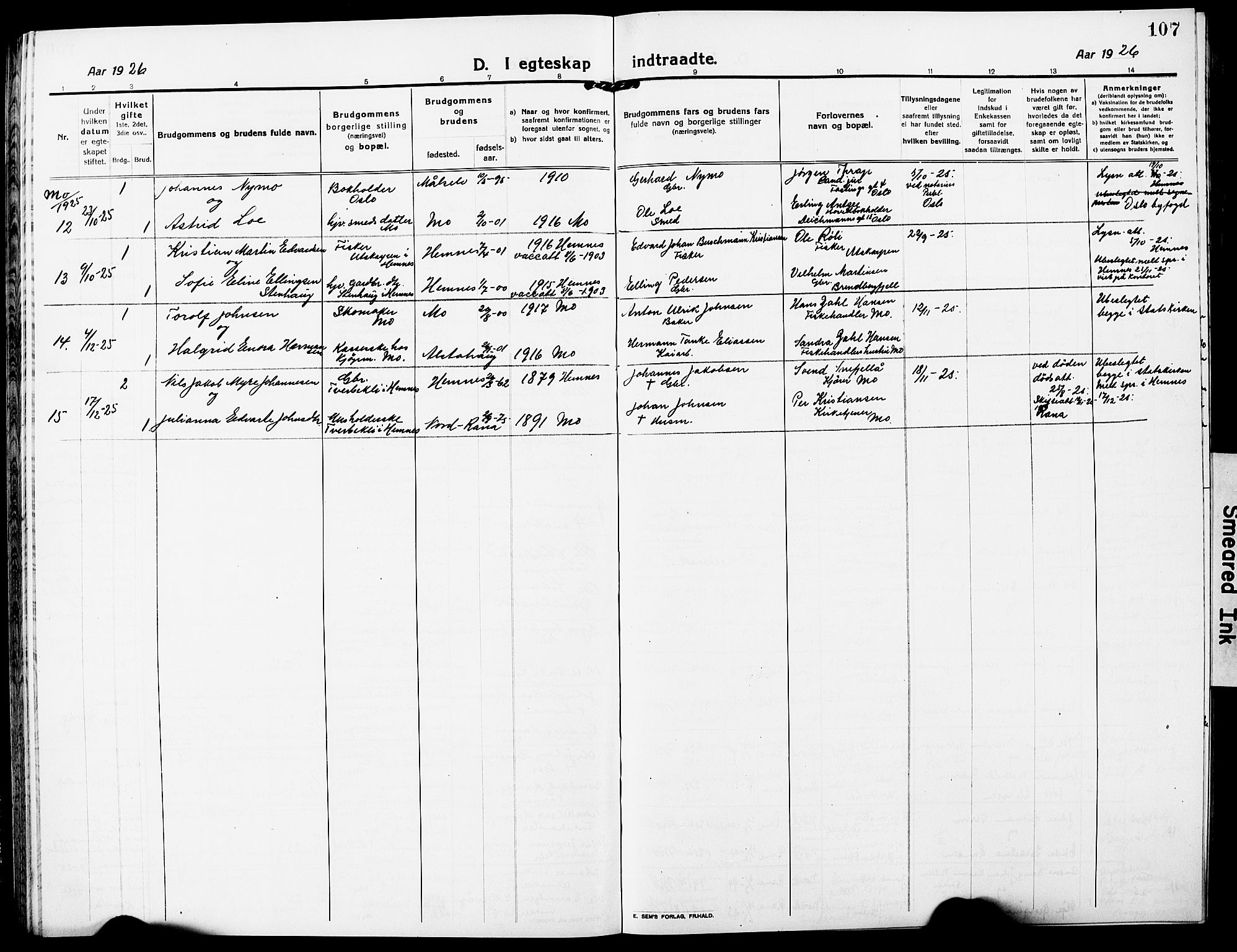 Ministerialprotokoller, klokkerbøker og fødselsregistre - Nordland, AV/SAT-A-1459/827/L0424: Parish register (copy) no. 827C13, 1921-1930, p. 107