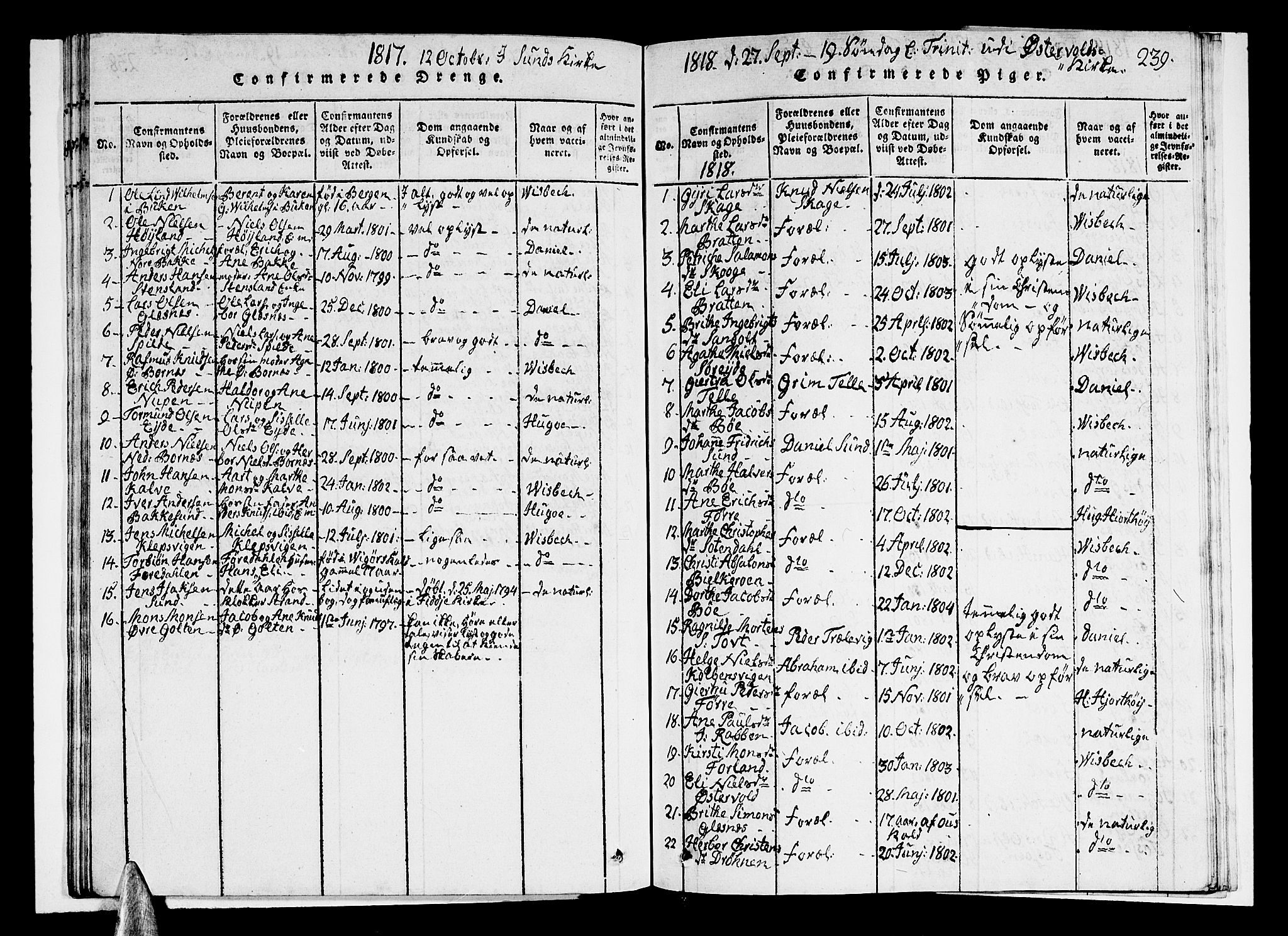 Sund sokneprestembete, AV/SAB-A-99930: Parish register (copy) no. A 1, 1816-1827, p. 239