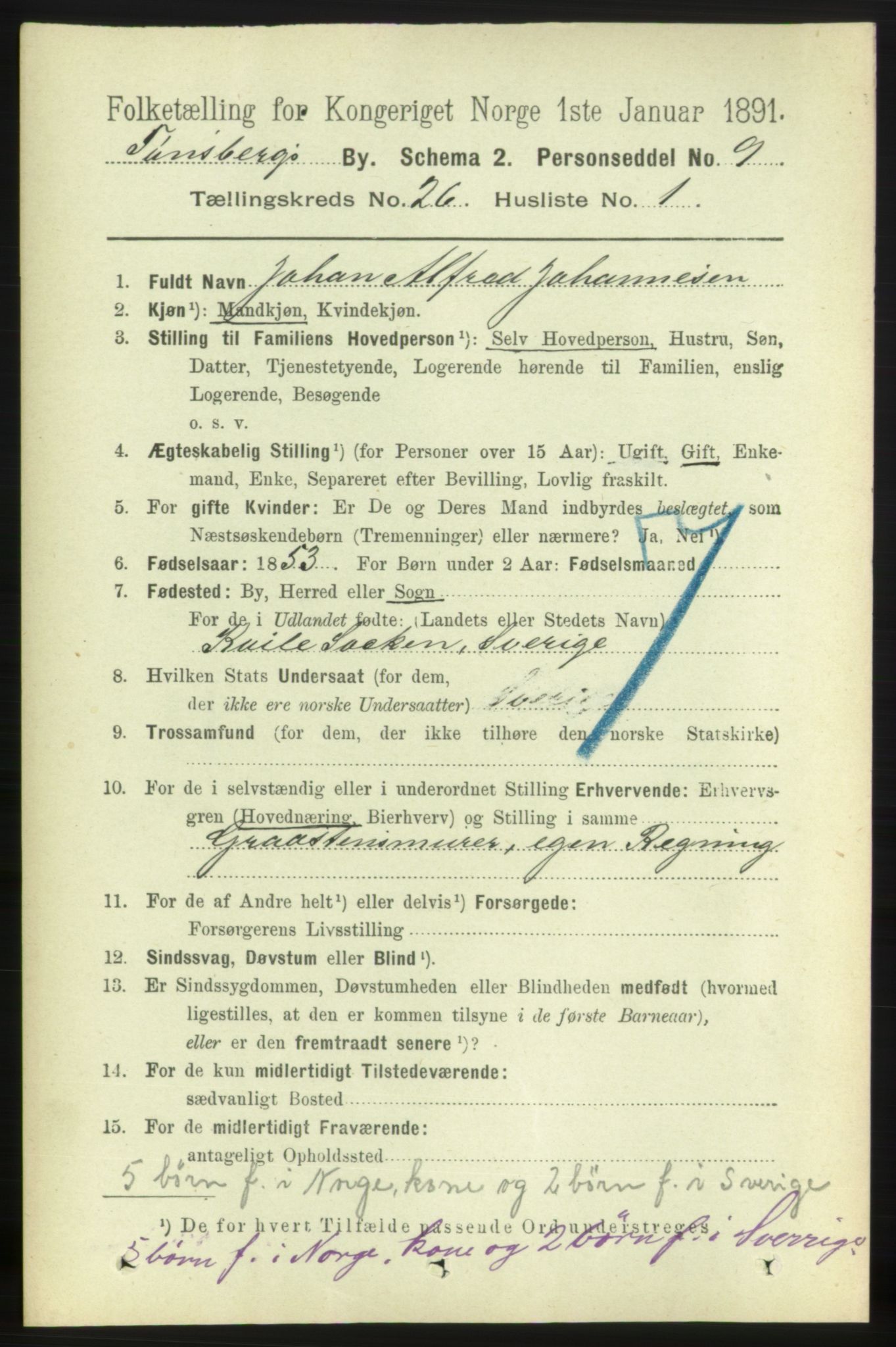 RA, 1891 census for 0705 Tønsberg, 1891, p. 6654