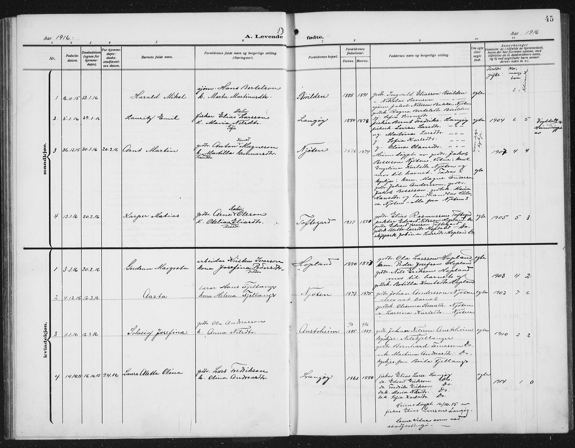 Lindås Sokneprestembete, SAB/A-76701/H/Hab: Parish register (copy) no. C 5, 1910-1927, p. 45