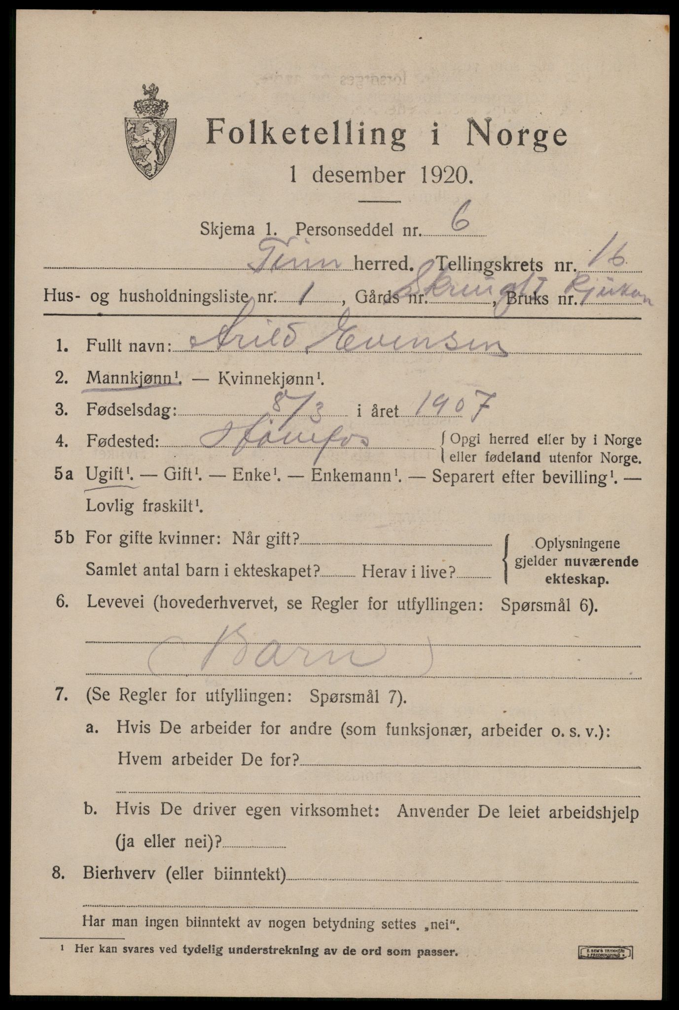 SAKO, 1920 census for Tinn, 1920, p. 16260