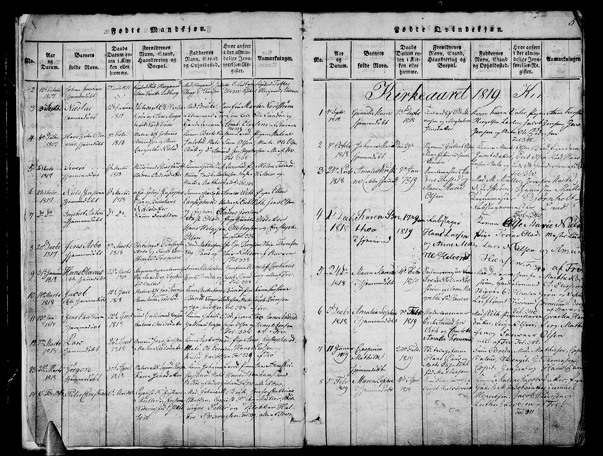 Stavern kirkebøker, AV/SAKO-A-318/G/Ga/L0001: Parish register (copy) no. 1, 1817-1841, p. 5