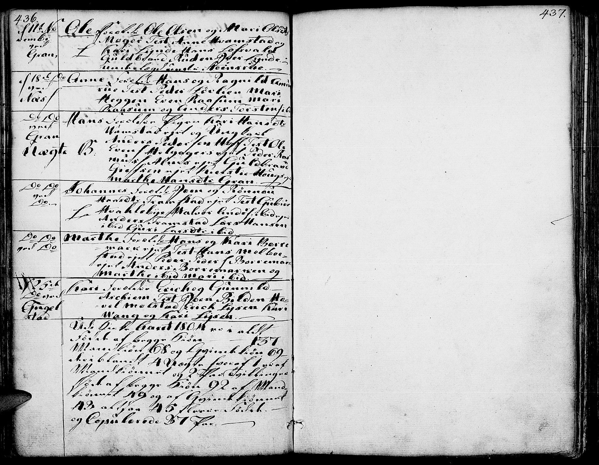 Gran prestekontor, SAH/PREST-112/H/Ha/Haa/L0006: Parish register (official) no. 6, 1787-1824, p. 436-437