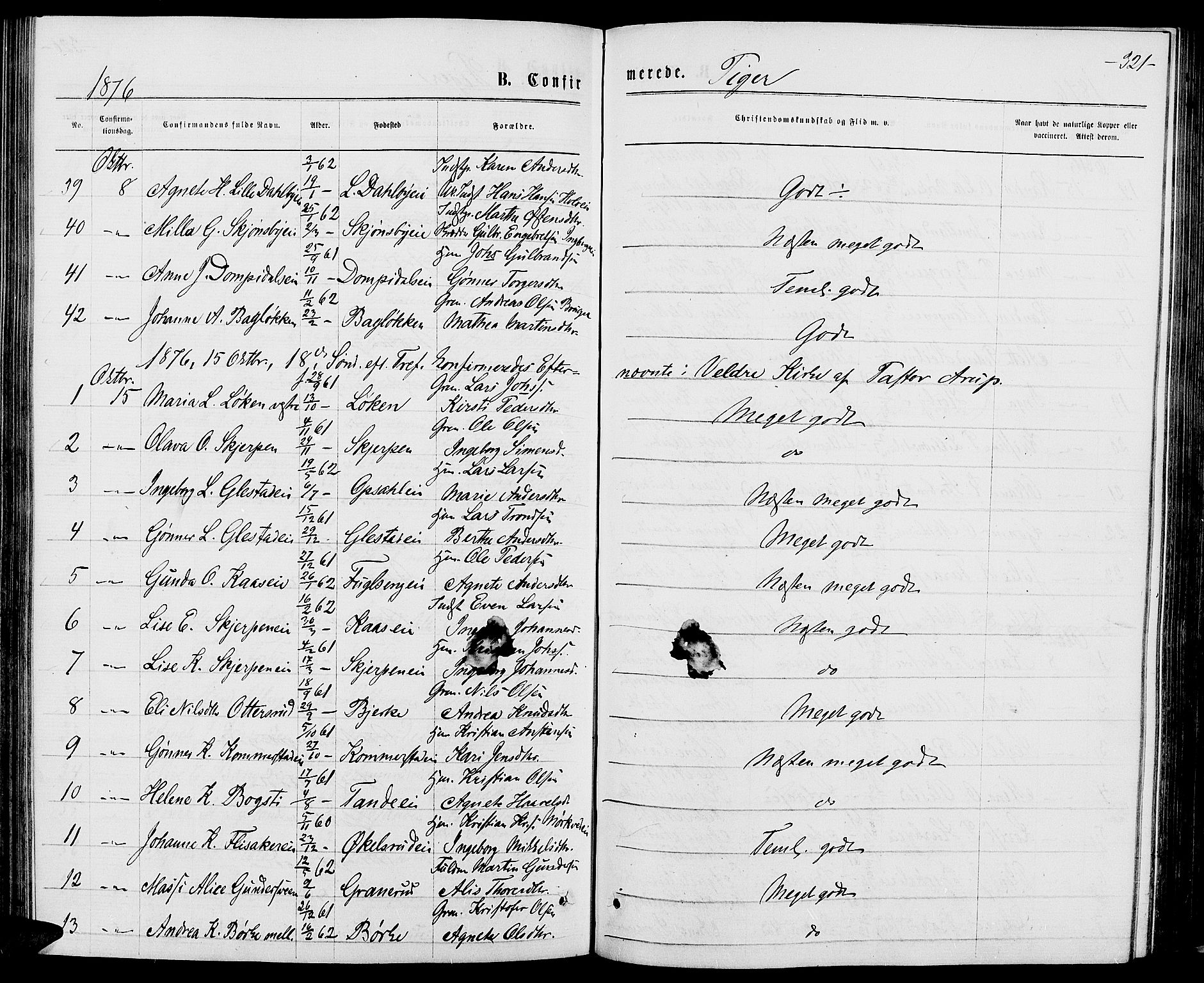 Ringsaker prestekontor, AV/SAH-PREST-014/L/La/L0008: Parish register (copy) no. 8, 1870-1878, p. 321