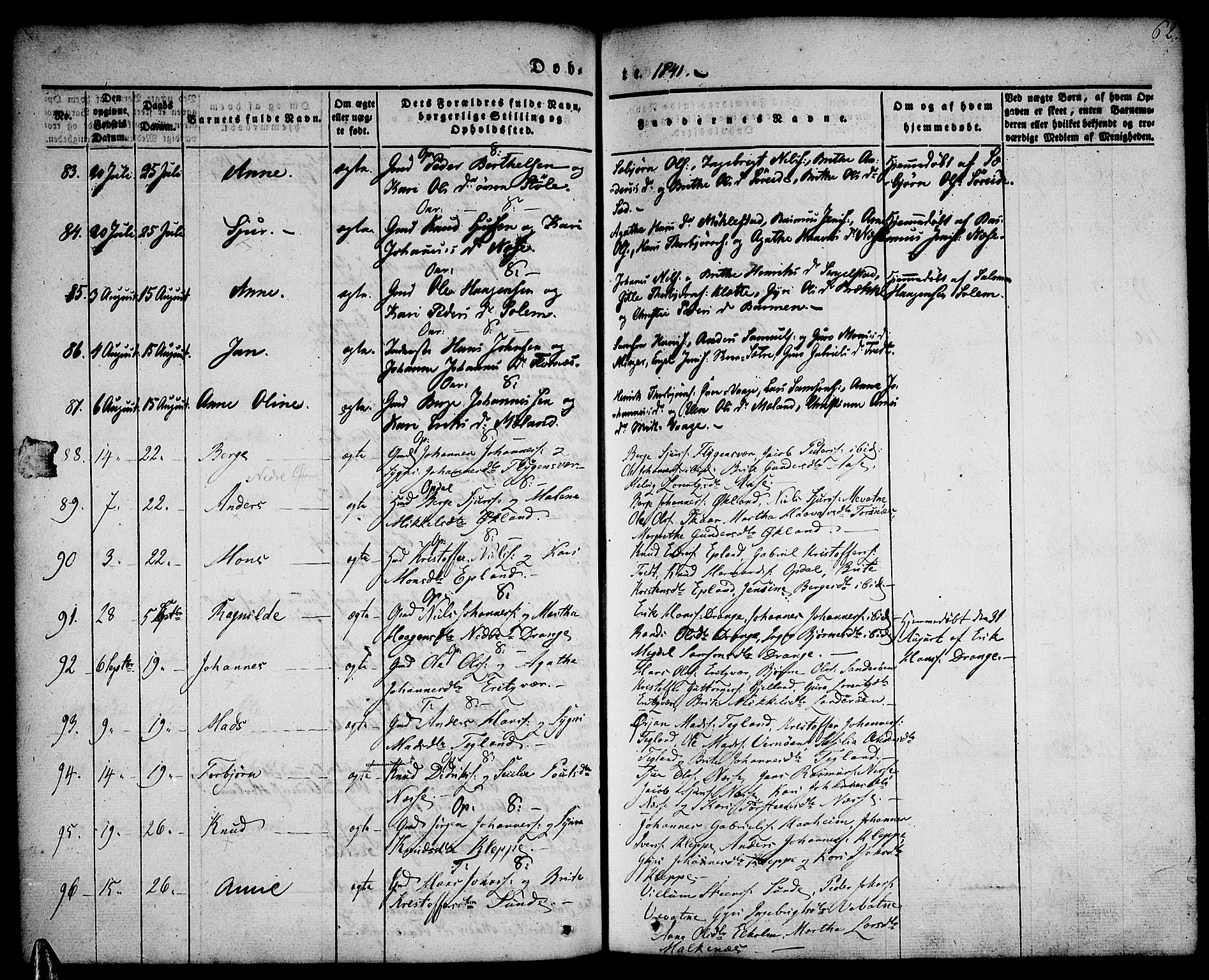 Tysnes sokneprestembete, AV/SAB-A-78601/H/Haa: Parish register (official) no. A 9, 1837-1848, p. 62