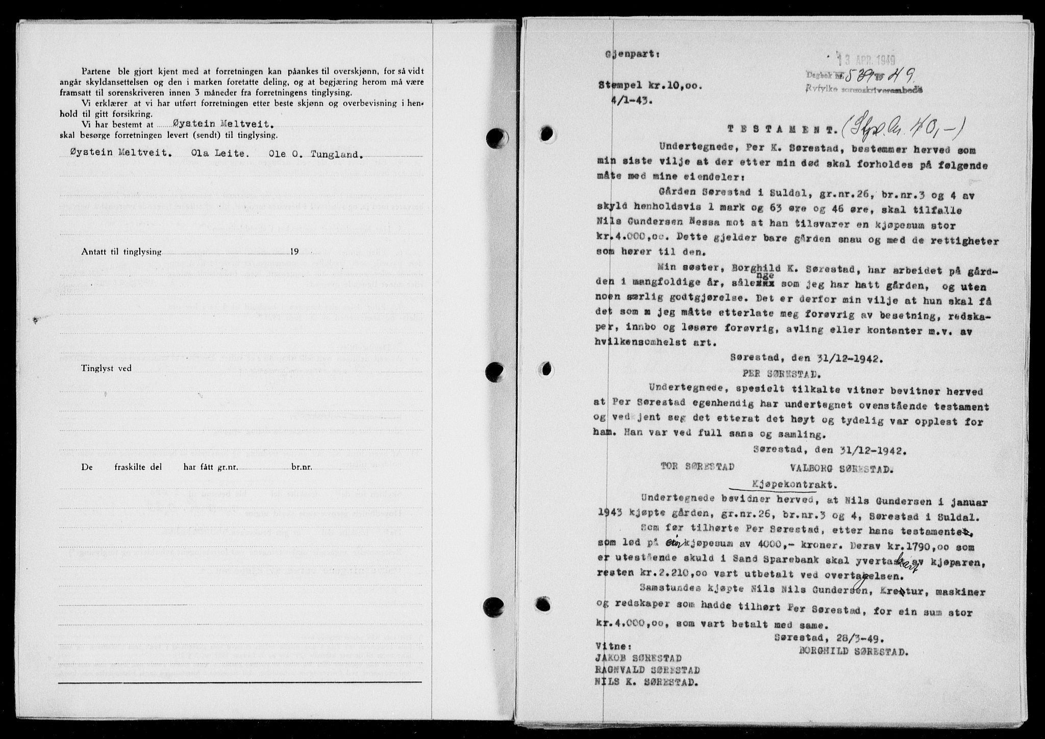 Ryfylke tingrett, AV/SAST-A-100055/001/II/IIB/L0104: Mortgage book no. 83, 1948-1949, Diary no: : 539/1949