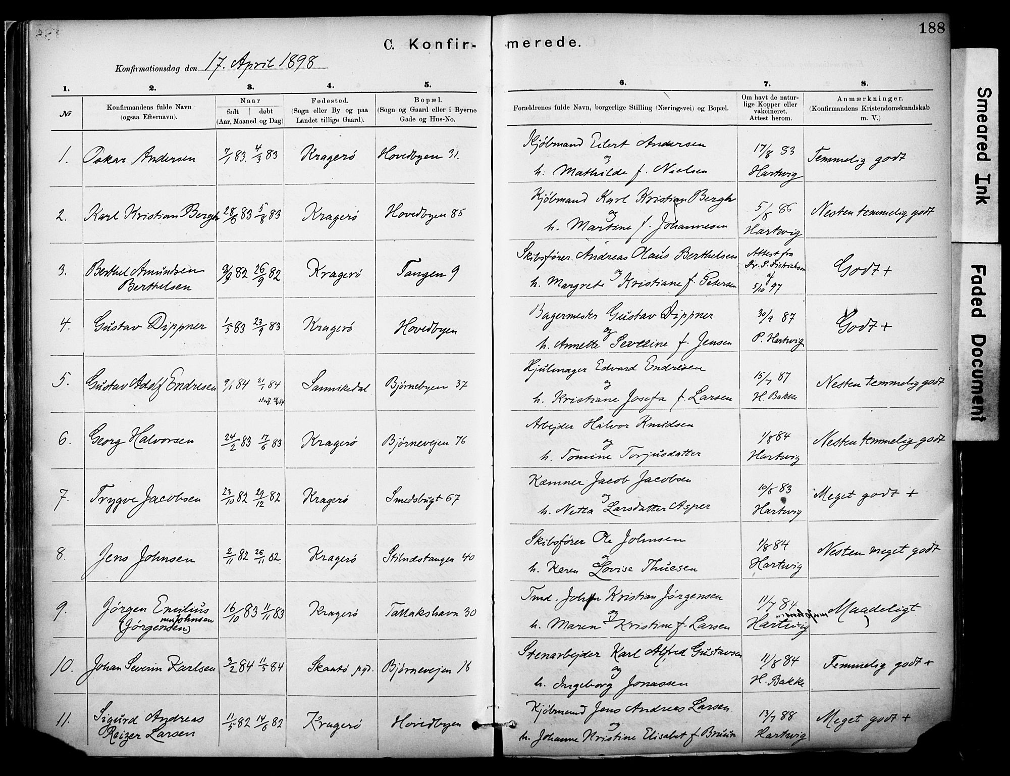Kragerø kirkebøker, SAKO/A-278/F/Fa/L0012: Parish register (official) no. 12, 1880-1904, p. 188