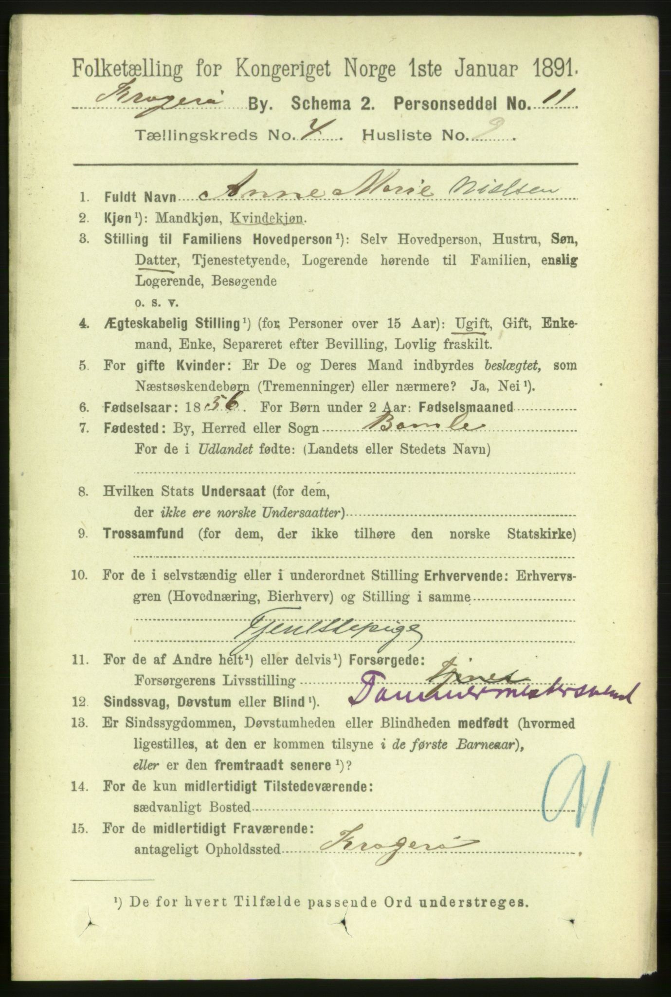 RA, 1891 census for 0801 Kragerø, 1891, p. 2881