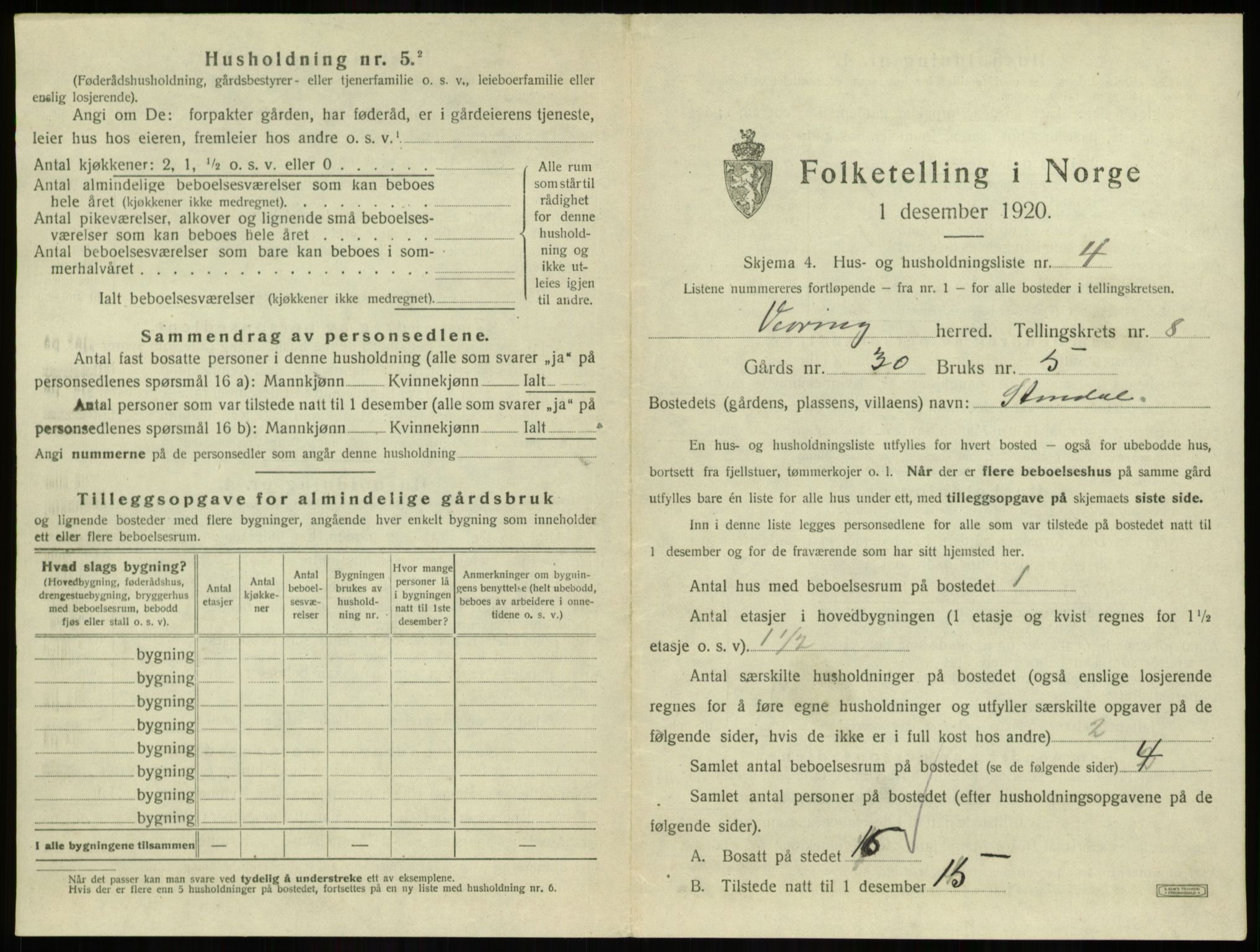 SAB, 1920 census for Vevring, 1920, p. 360