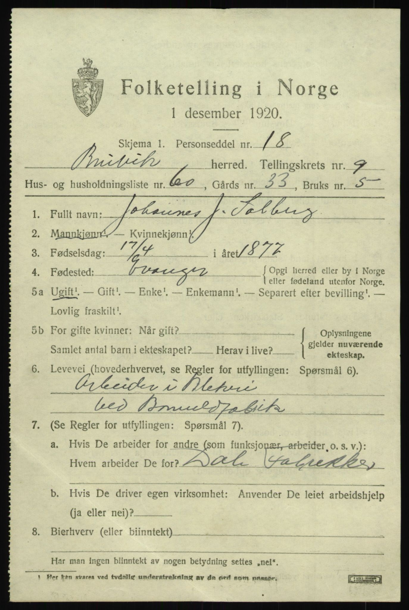 SAB, 1920 census for Bruvik, 1920, p. 6906