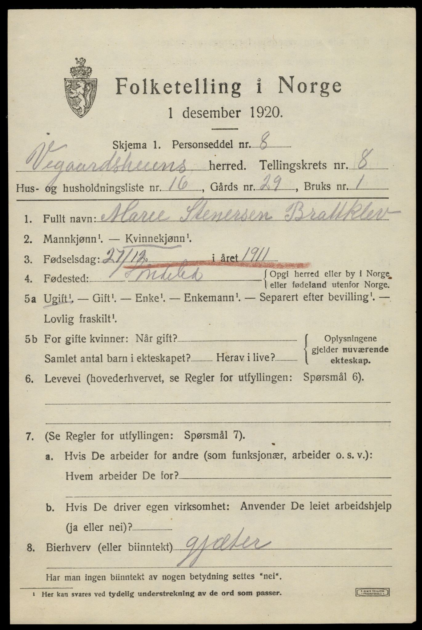 SAK, 1920 census for Vegårshei, 1920, p. 2930
