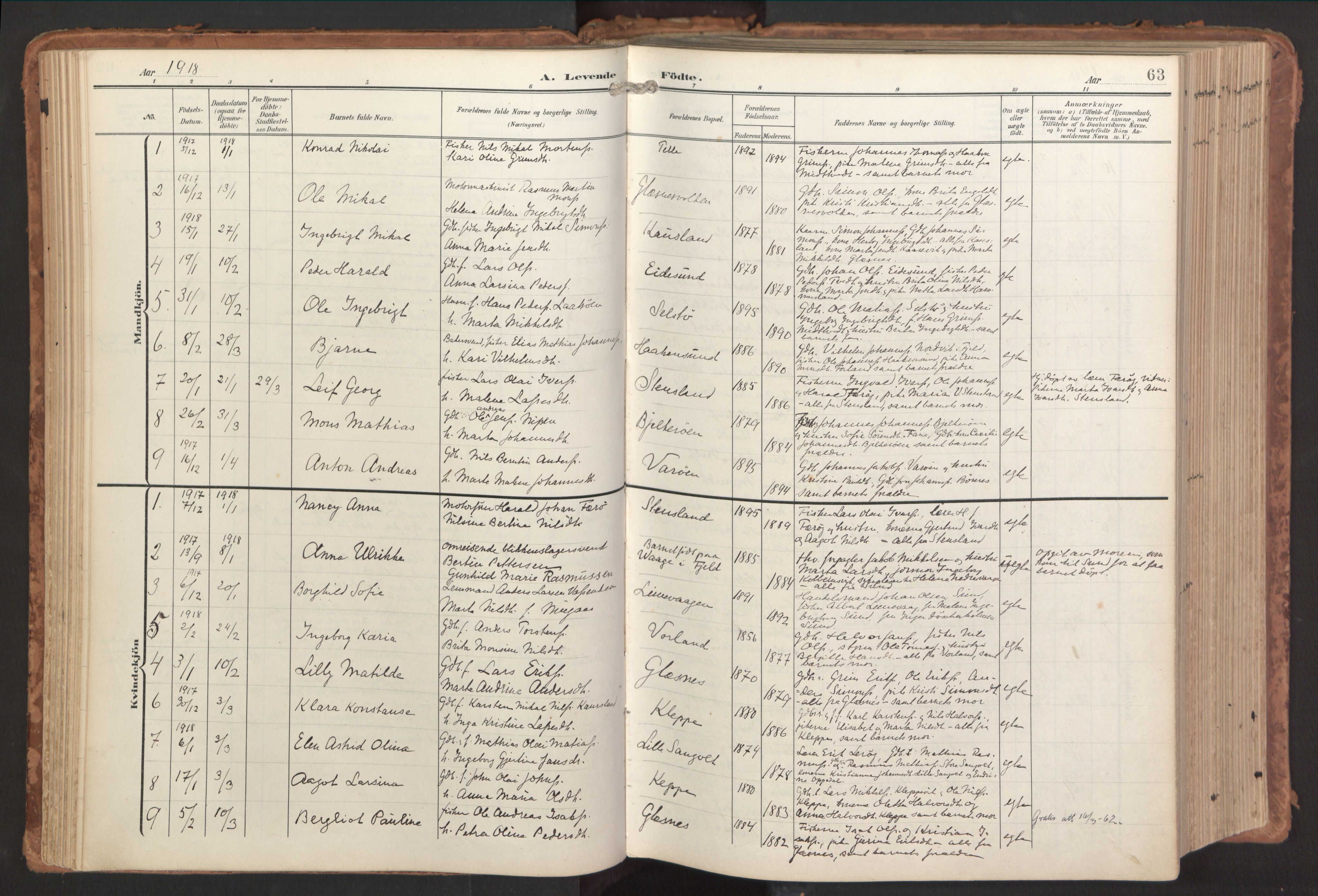 Sund sokneprestembete, AV/SAB-A-99930: Parish register (official) no. B 2, 1907-1926, p. 63