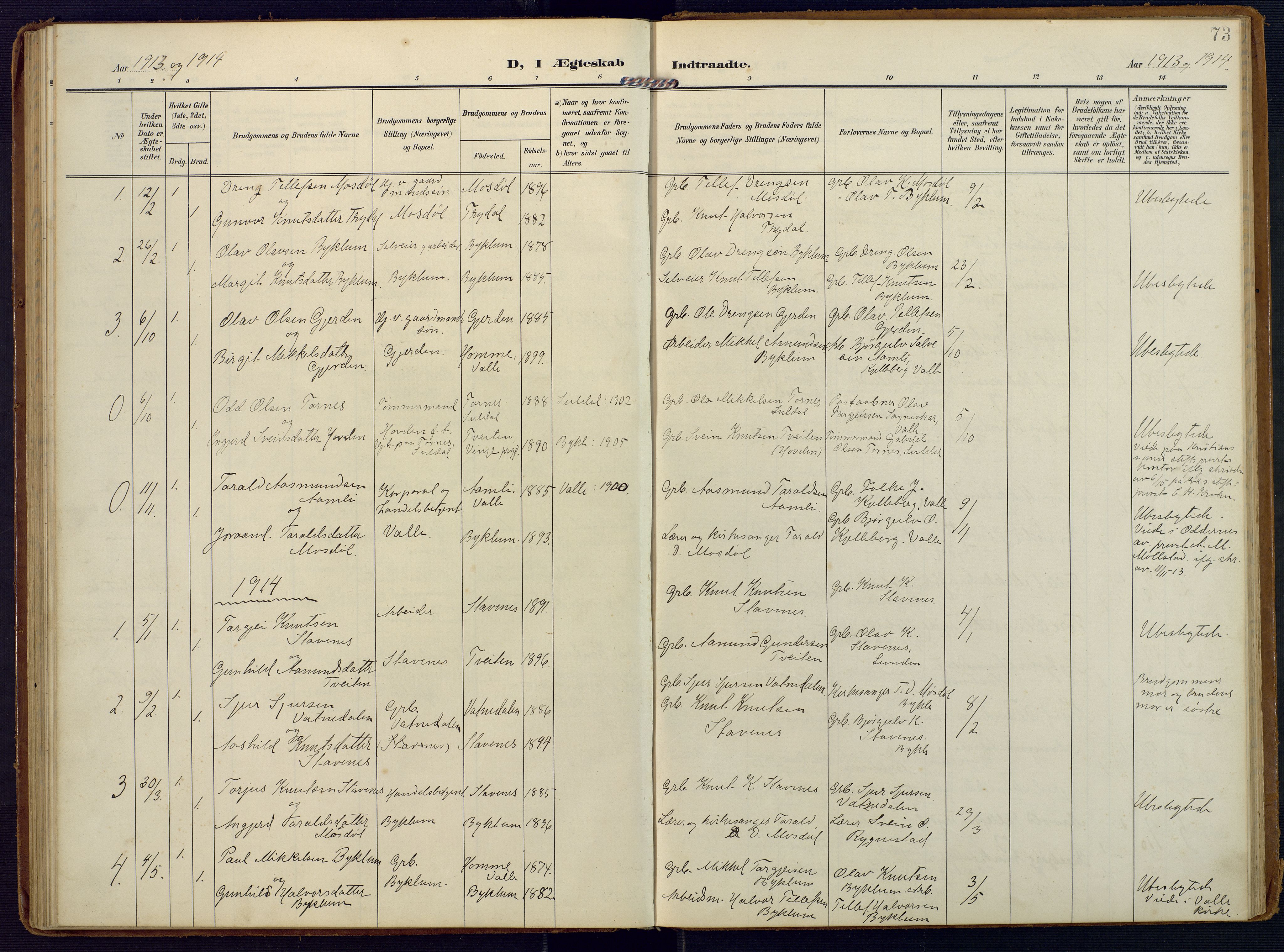 Valle sokneprestkontor, SAK/1111-0044/F/Fa/Faa/L0002: Parish register (official) no. A 2, 1907-1919, p. 73